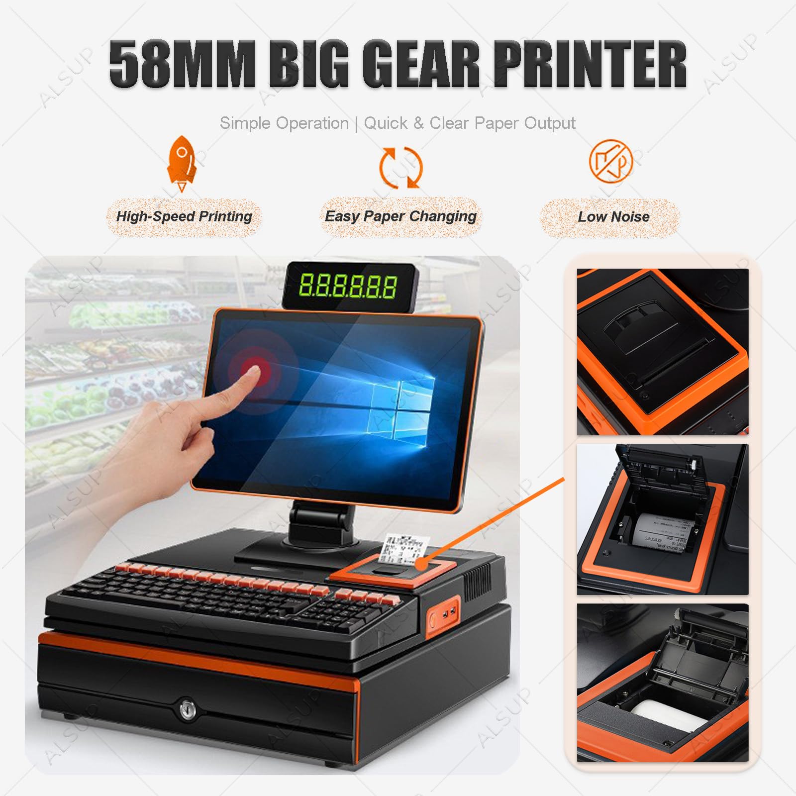 Terminal TPV para Comercio Minorista, Caja Registradora Todo en Uno con Pantalla Táctil, Cajón Portamonedas, Impresora 58mm y Escáner de Código de Barras Orange-8+256GB