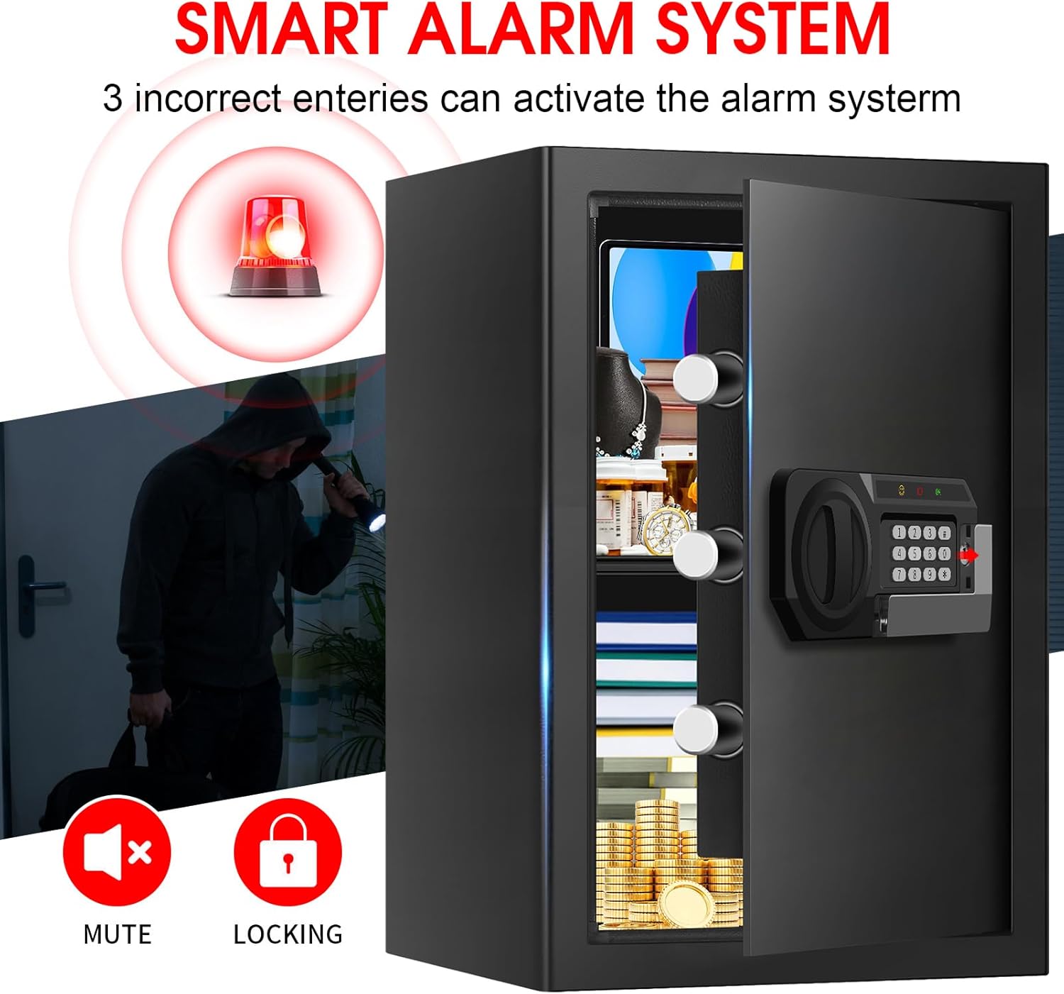 3.3 Cuft Large Home Safes Water and Fireproof, Anti-theft Floor Safe for Home Use with Programmable Keypad, Alarm System and Spare Keys, Digital Home Safe Box for Valuables, Medicine