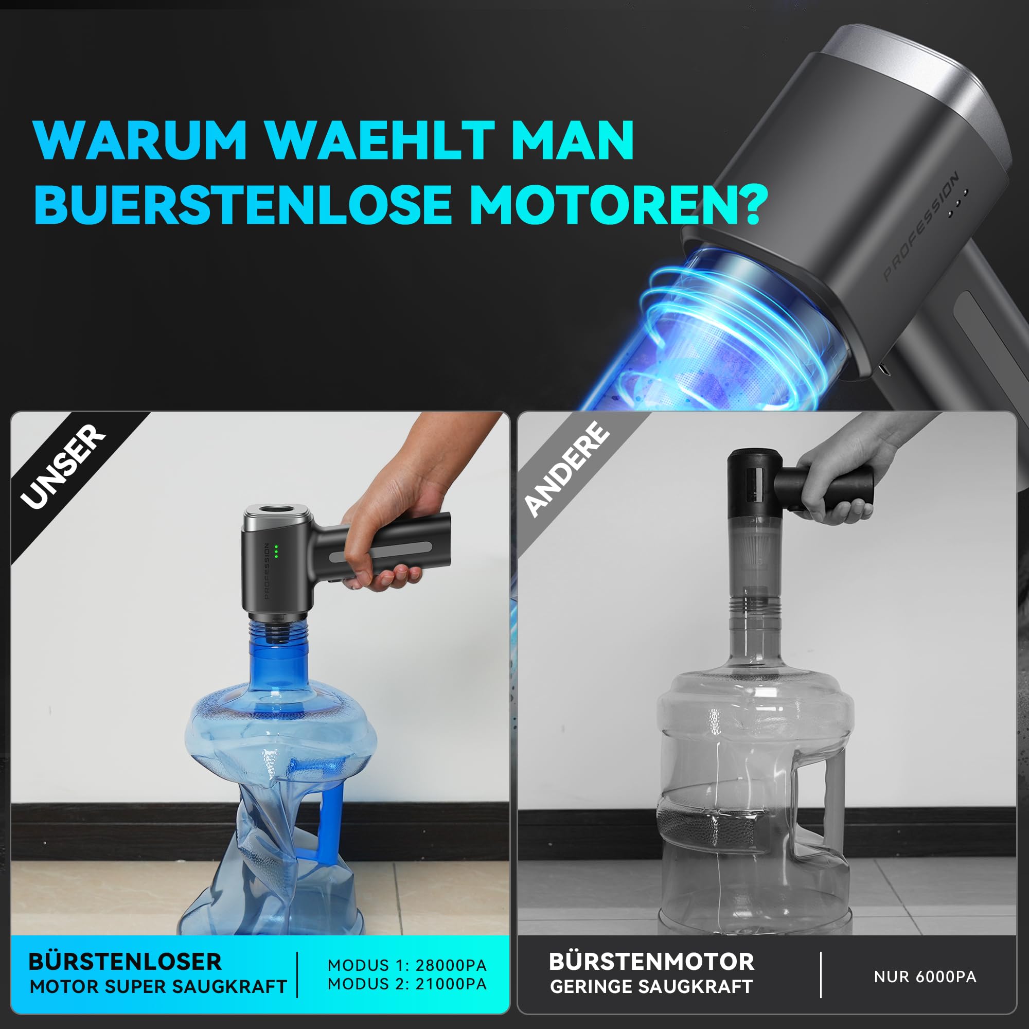 Handstaubsauger Handstaubsauger Akku Autostaubsauger Stark 28000Pa 4-in-1 für Auto Tierhaare Innenraum Haushalt (Schwarz)