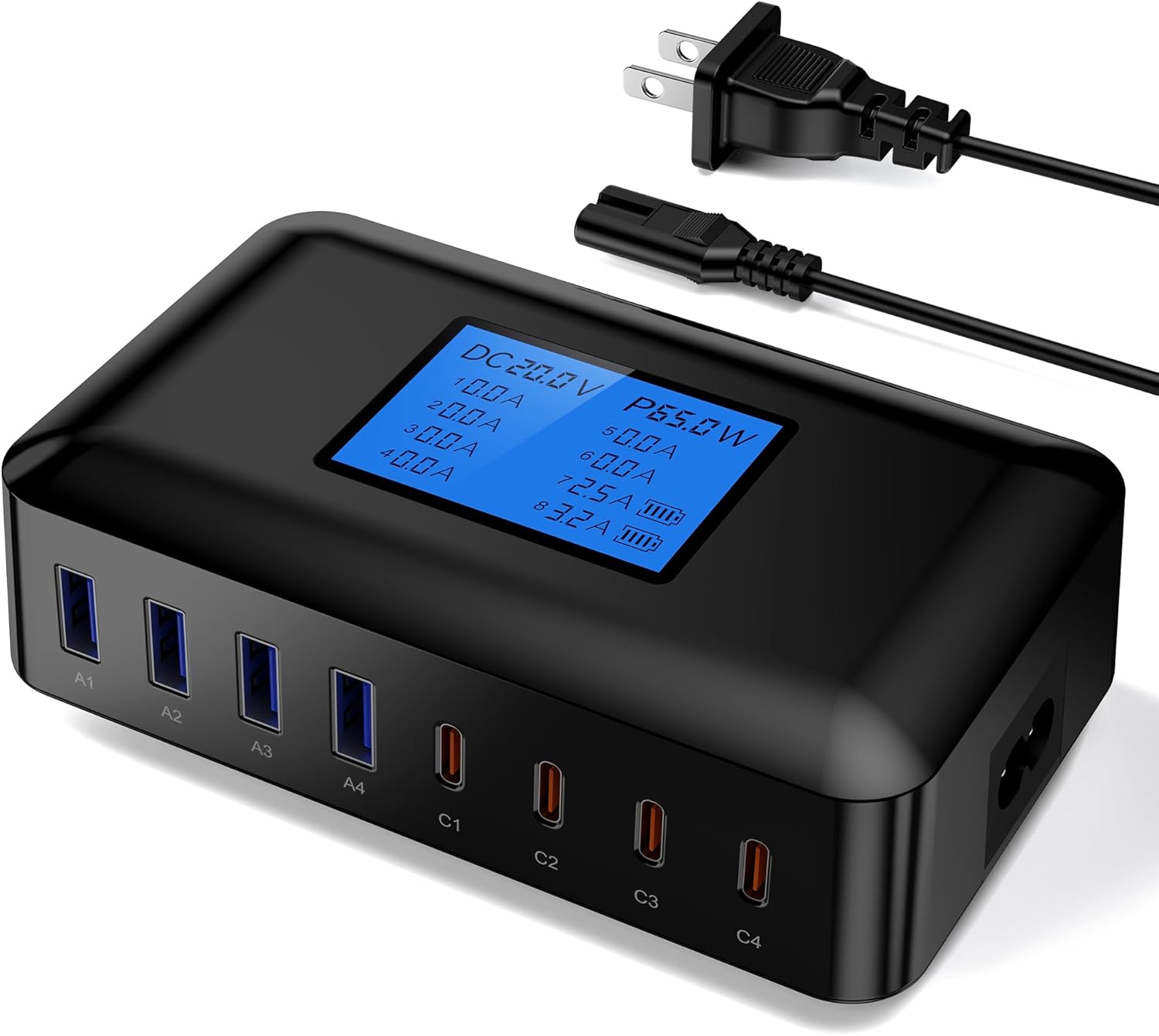 200W USB Charging Station, RENGOGA 8 Port USB Charger Hub GaN Desktop Fast Charger for Multiple Devices, LCD Display Multi USB C Block Charger for MacBook iPhone 16 15 14 13 Pixel Samsung Galaxy iPad