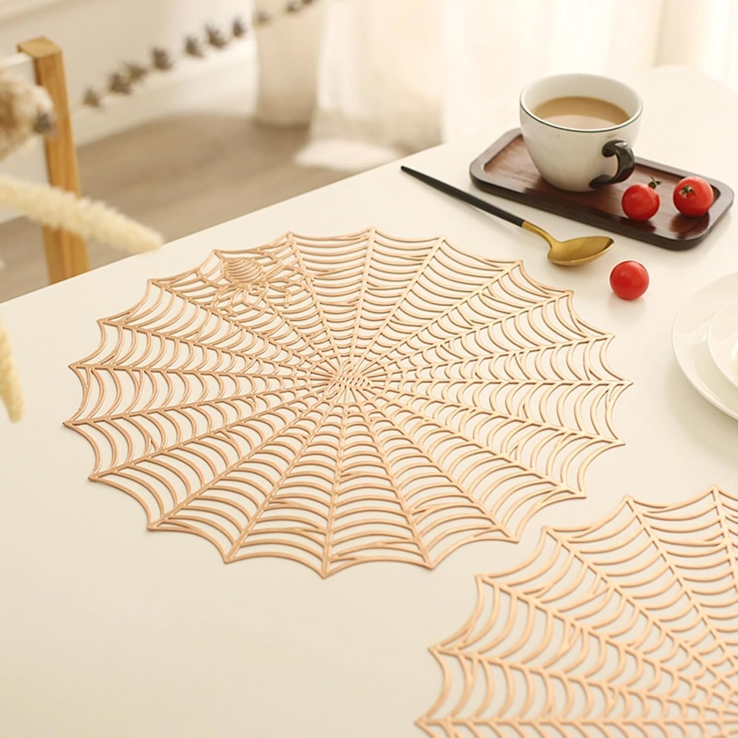 Table Rose Gold Placemats Set of 6 Spider Web Lace Placemats Tableware and Kitchen Decorations for Dinner Party Party Decor Seasonal (Gold6pc)