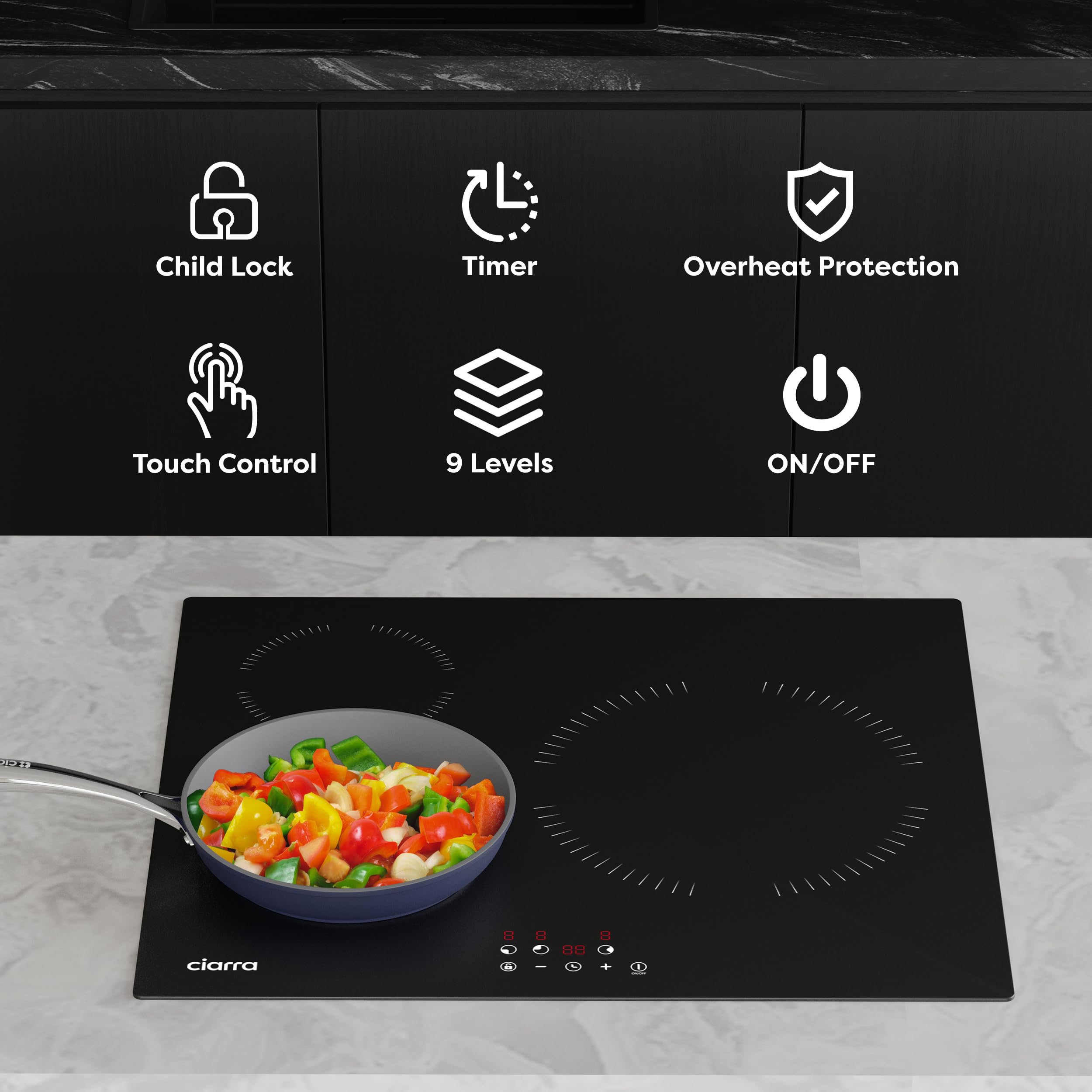 Ciarra Placa Induccion 3 Zonas 60cm 5600W, Zona Gigante de 28cm, CABBIH3-A | Limitador de Potencia, Control Táctil, Temporizador, Bloqueo Infantil, Ideal para la Cocina Familiar Diaria