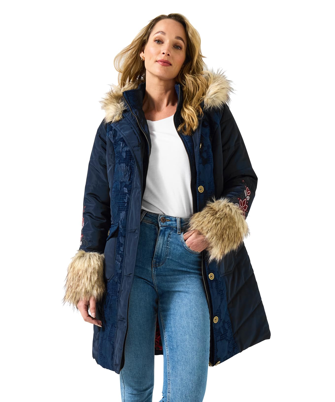 Joe Browns Women's Navy Parka With Jacquard Panels & Faux Fur In Size 18