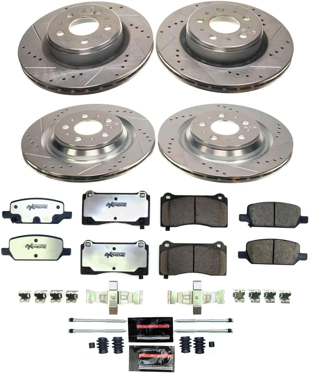 PowerStop Front and Rear Brake Kit for Tesla 3 2017-21 - Carbon-Fiber Ceramic Z26 Brake Pads + Drilled & Slotted Rotors Upgrade, K8904-26