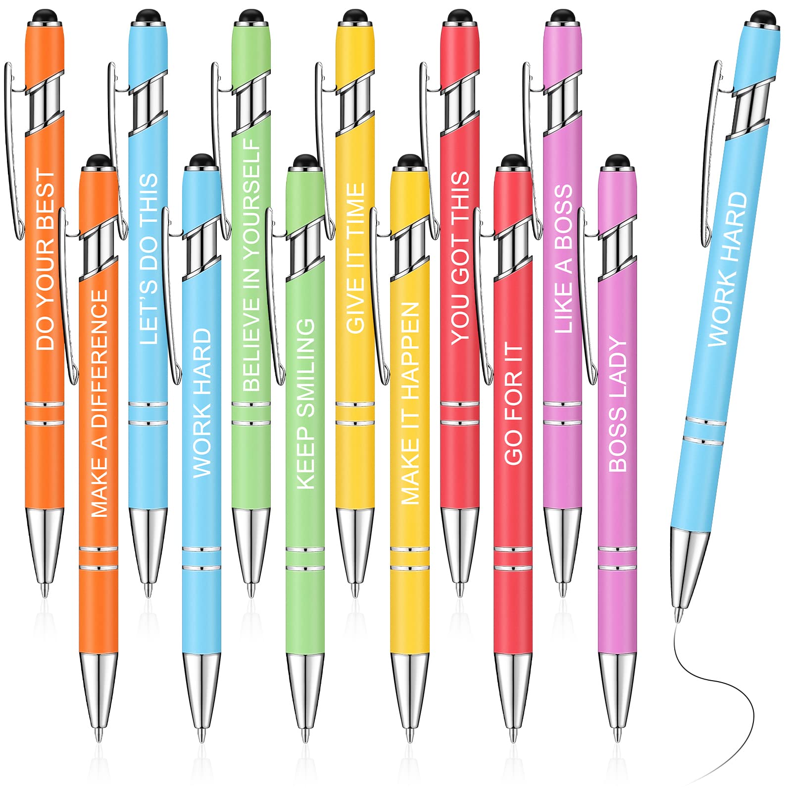 Zonon 12 Pieces Quotes Pen Inspirational Ballpoint Pen with Stylus Tip Motivational Messages Metal Black Ink Encouraging Pen (Boss Lady, Macaron)