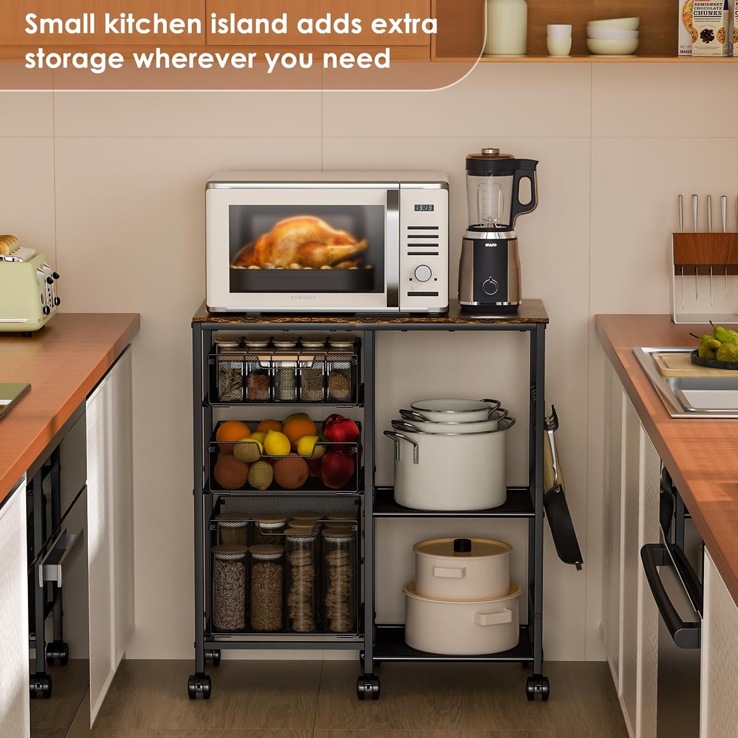 Kitchen Cart with Storage Shelf - Kitchen Organizer and Storage Cart, 3-Tier Microwave Cart with Storage Drawers, Wooden Top Metal Wire Utility Cart with Lockable Wheels for Kitchen