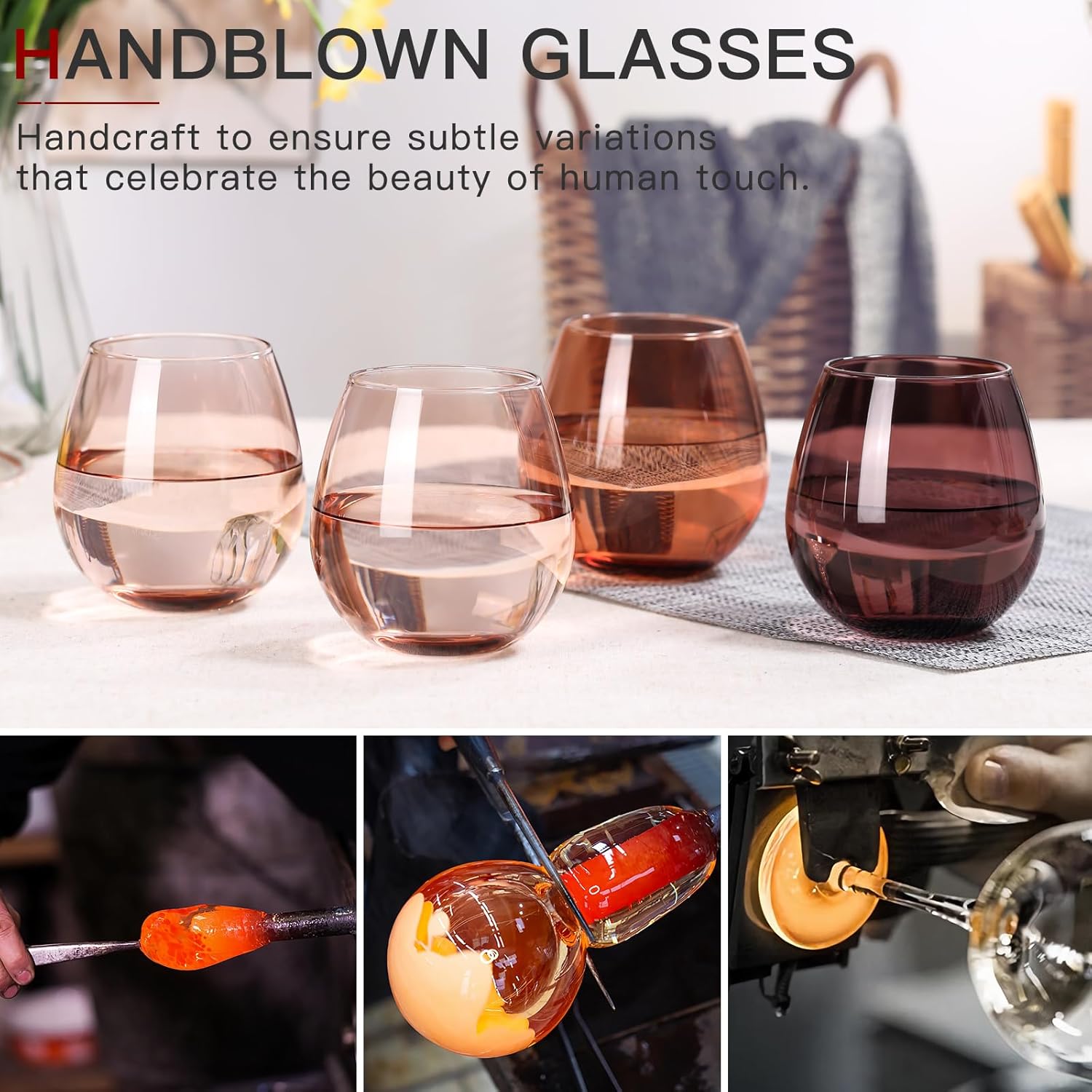 Venus Stemless Wine Glasses Set of 6-15 oz -Modern Hand-Blown Wine Glasses, European Design Crystal Glass For Red & White Wine, Unique Gifts for Wedding, Birthday (Venus)