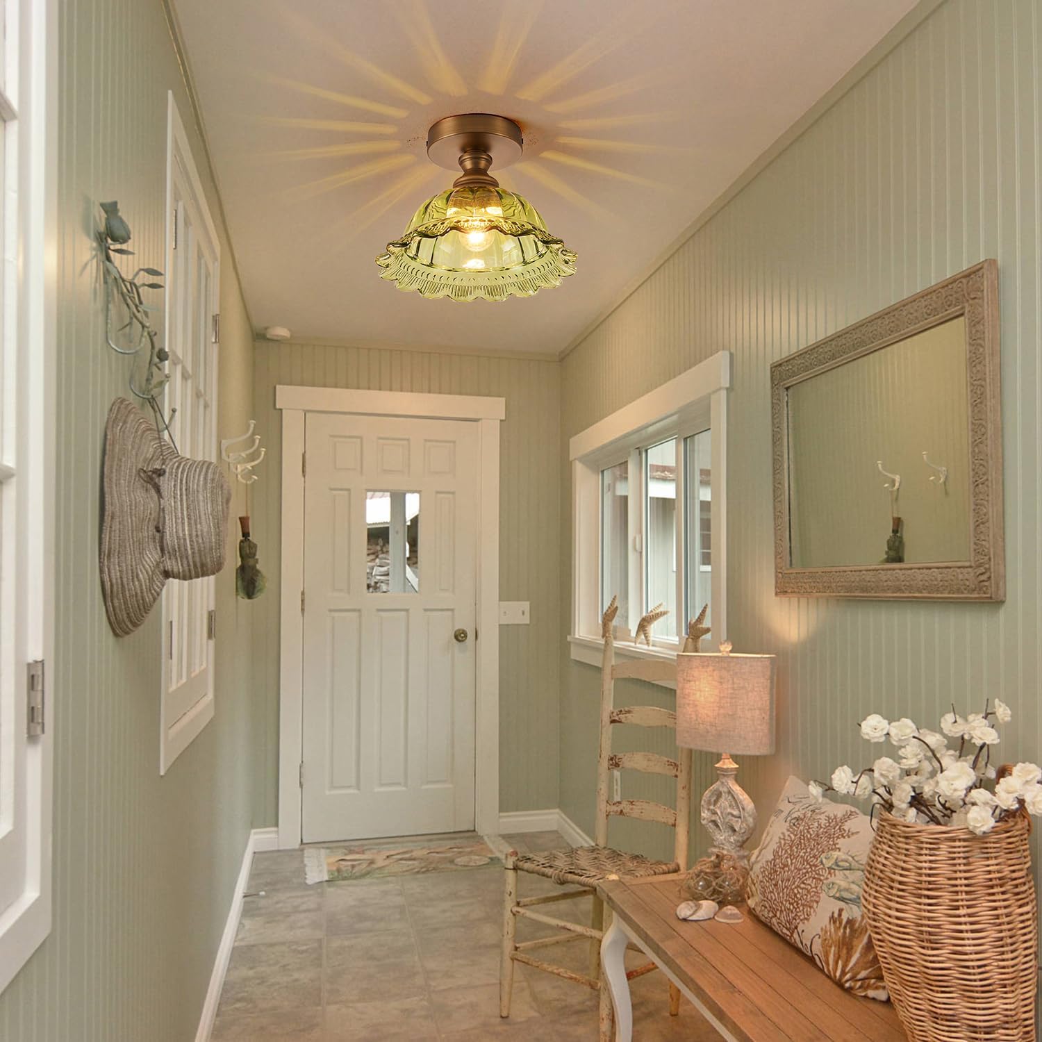 Flush Mount Ceiling Light,Hallway Vintage Lights Fixture Ceiling Green Glass for Closet Hallway Kitchen Dining Room