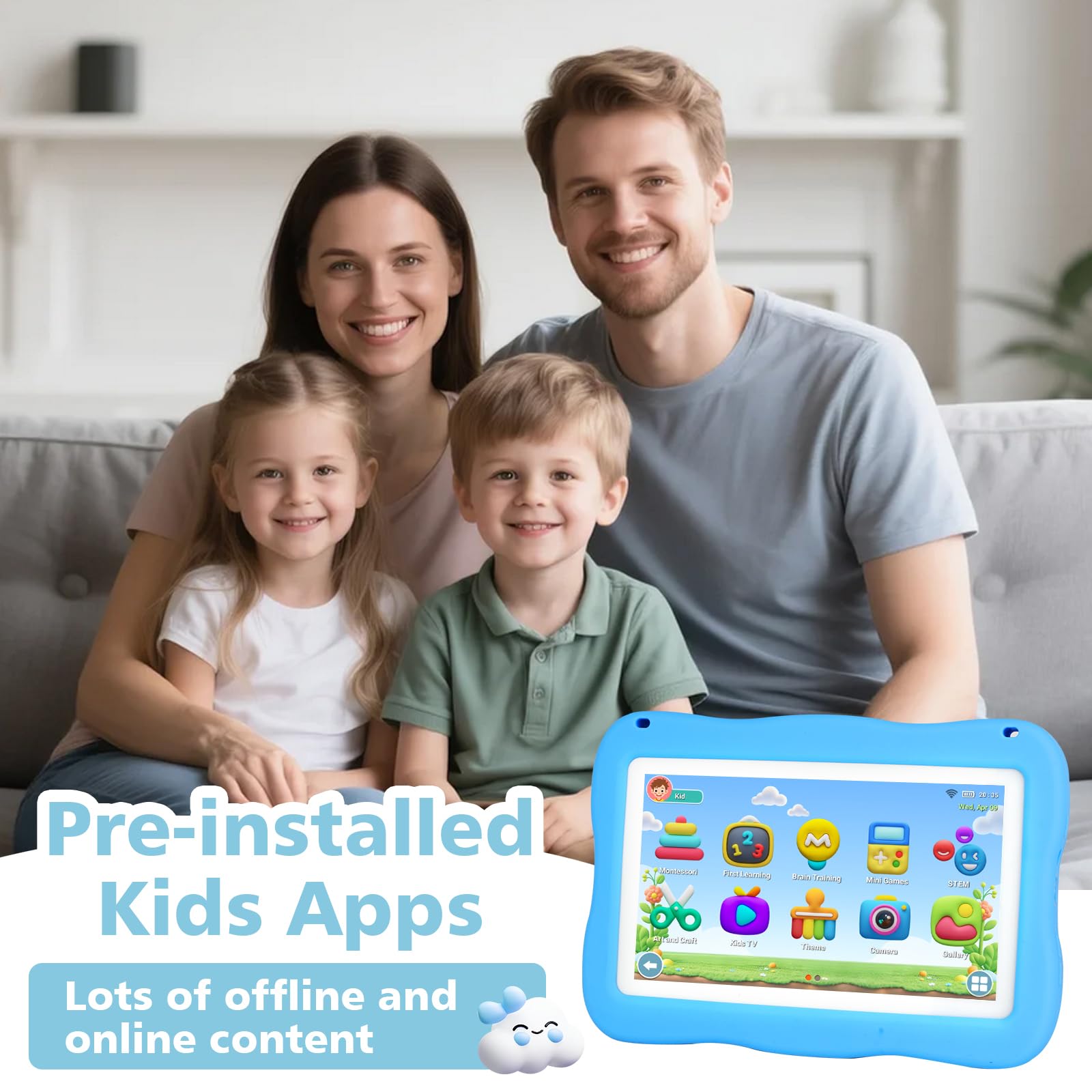 Tablet per bambini da 32 GB per bambini 3-7 con un sacco di contenuti offline, tablet per bambini da 7 pollici software per bambini installato con custodia protettiva WiFi, controllo genitori, tablet