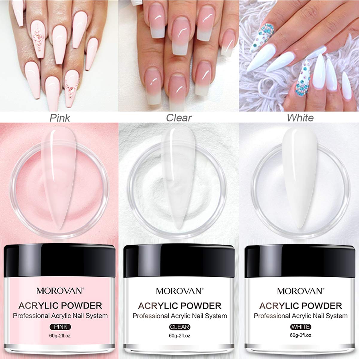 Morovan Acrylic Powder and Liquid Set, Professional Acrylic Nail Kit with 4oz Liquid Monomer, 3 Colors White Pink Clear Acrylic Nail Powder for Beginners