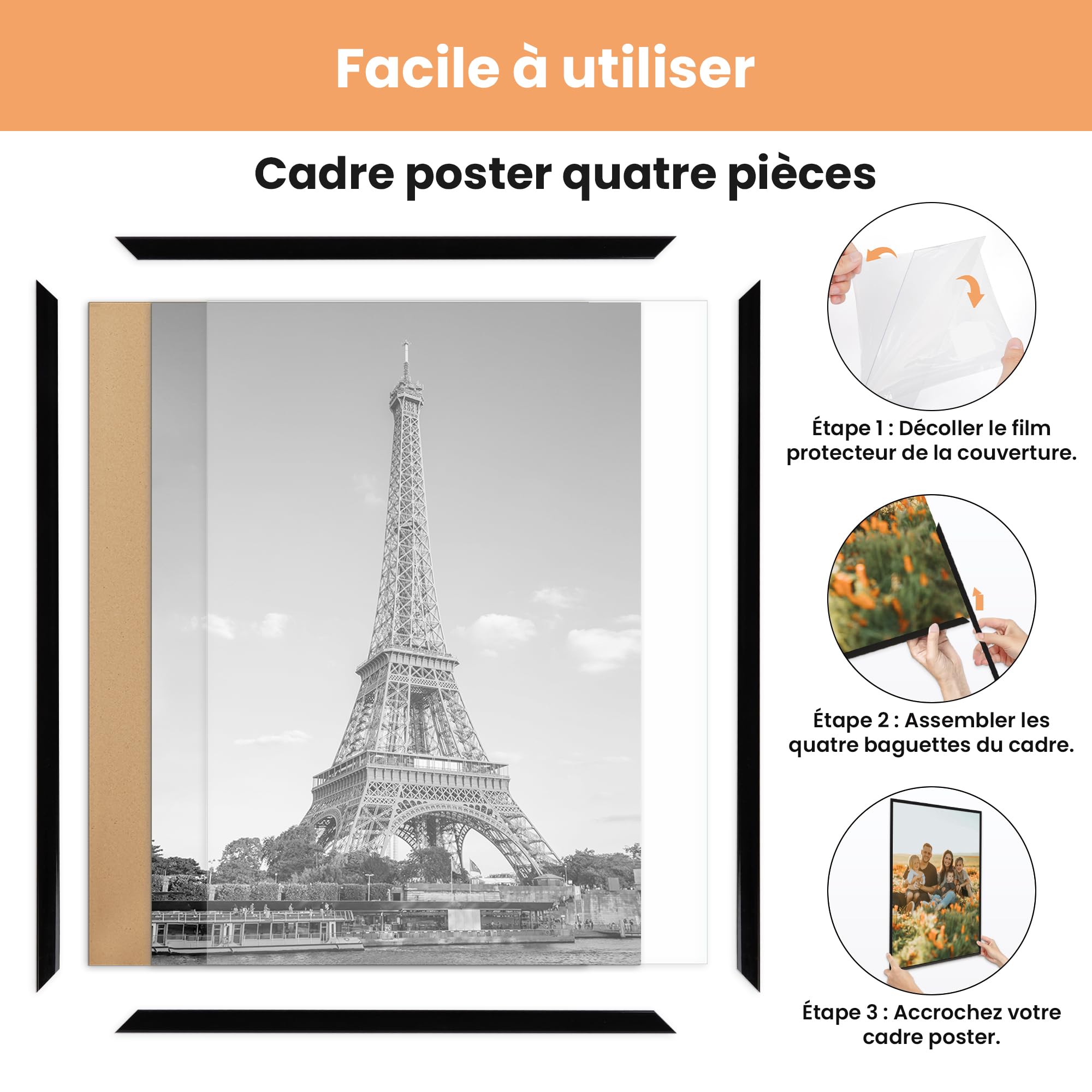 upsimples Lot de 3 Cadre 40 x 60 cm, Cadre Photo 40x60 Noir, pour Galerie de Photos, Bande D'insertion, Montage Mural Horizontal ou Vertical