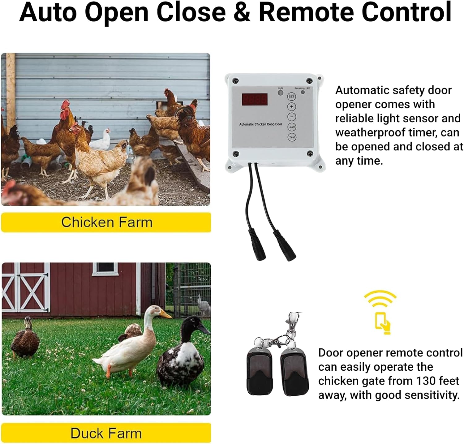 Automatic Chicken Coop Door with Timer and Remote Control Solar Powered Light Sensor Safe Opener Kit for Poultry Run Duck Coop(US Plug)