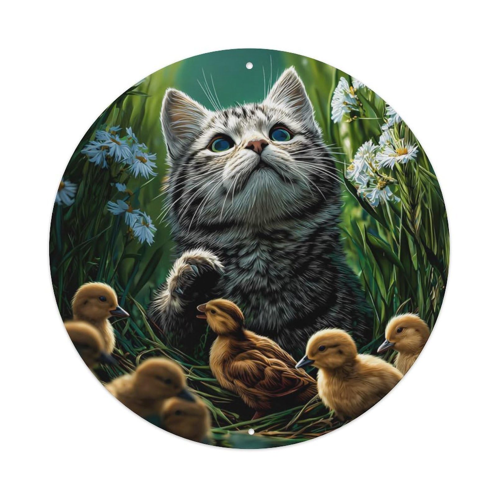 Animal Tabby Kitten Duckling Daisy Cottagecore Vintage Metal Tin Sign Plaque Wall Decor for Cafe, Club Bar, Office, Garden Metal Poster 8x8Inch