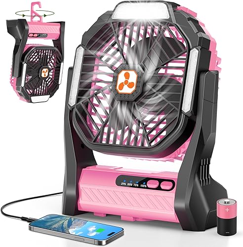 Ventilador recargable portátil, 20000 mAh, inalámbrico, alimentado por batería, ventiladores de tienda de campaña con linterna SOS y LED, pequeños