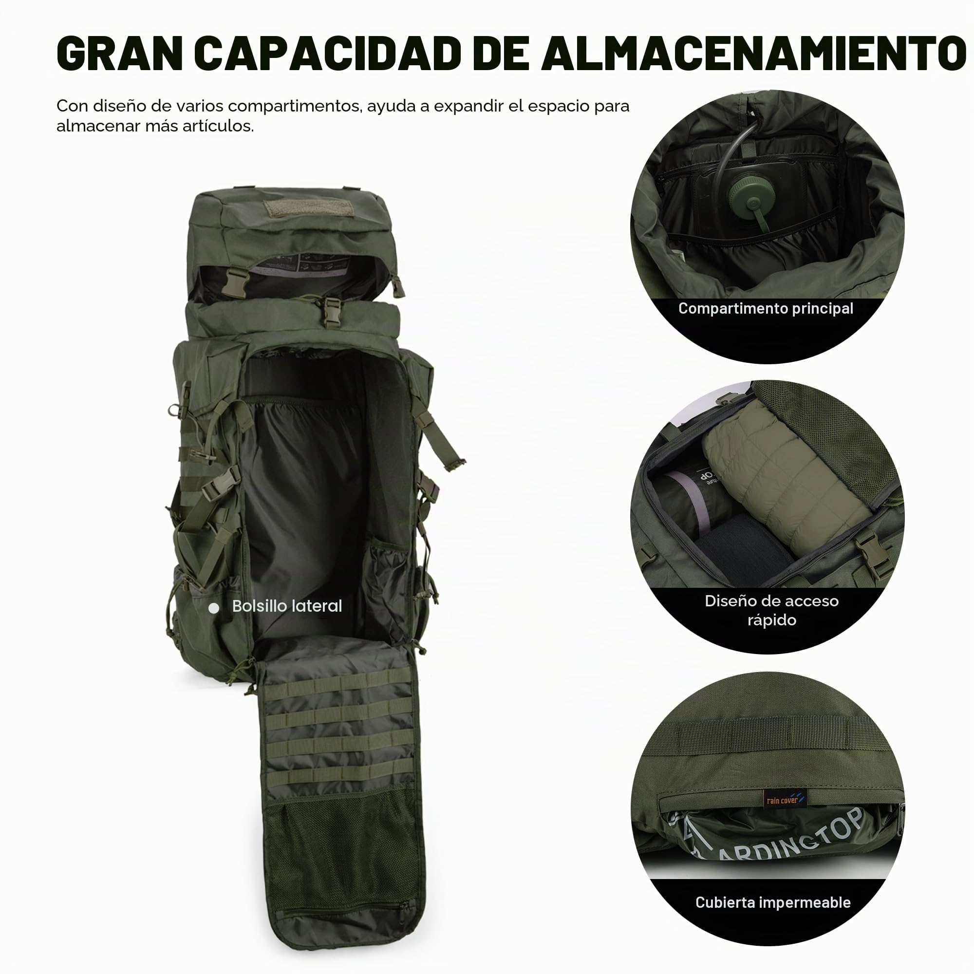 Mardingtop Mochila de 70 l, mochila de senderismo, mochila táctica grande para hombre, con funda para lluvia, mochila para camping, senderismo, montañismo, viajes al aire libre, 70L Verde Caballería