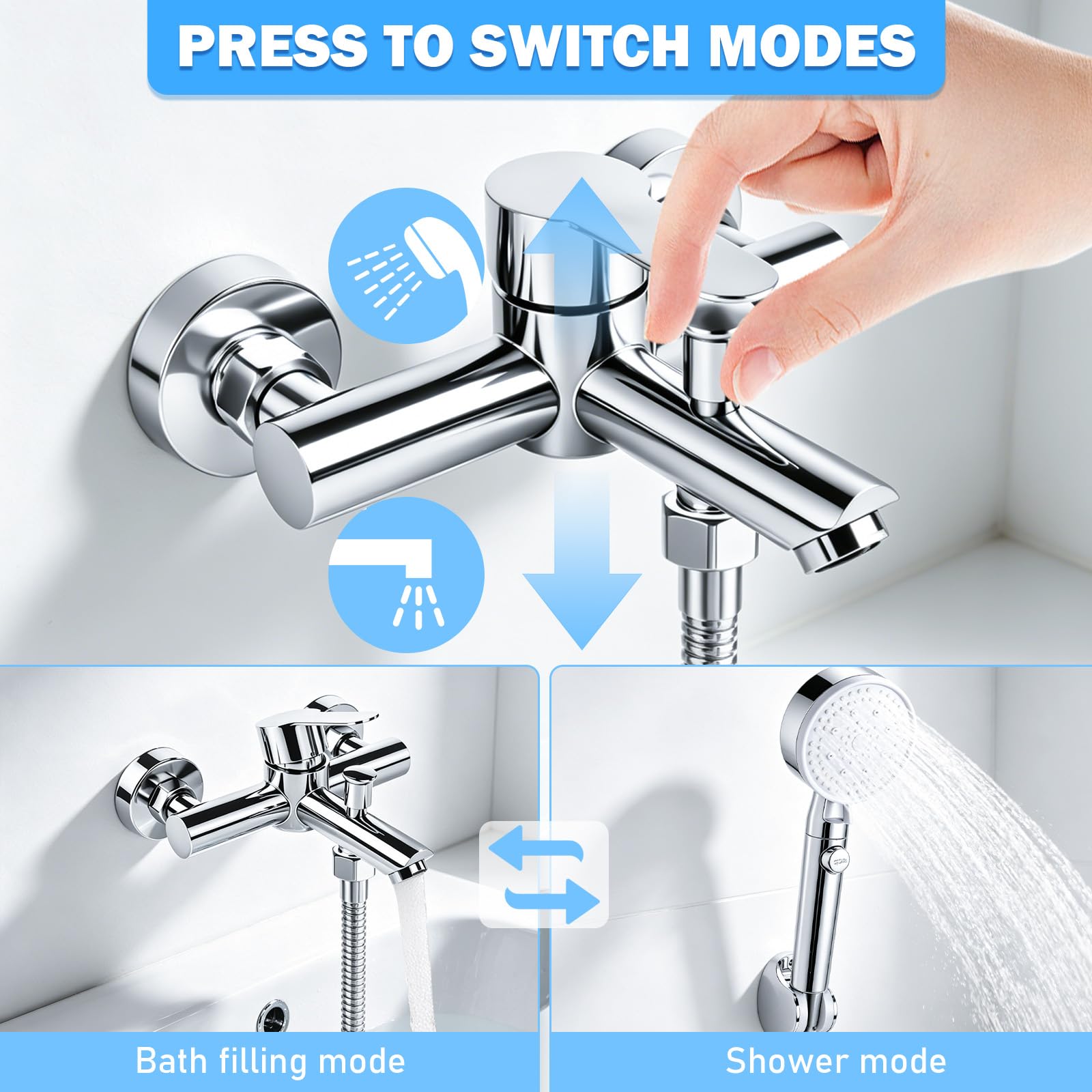 Badewannenarmatur mit Handbrause Wasserhahn Badewanne inkl. Brauseschlauch und Halterung Mischbatterie Badewanne Wandmontage für Bad Chrom