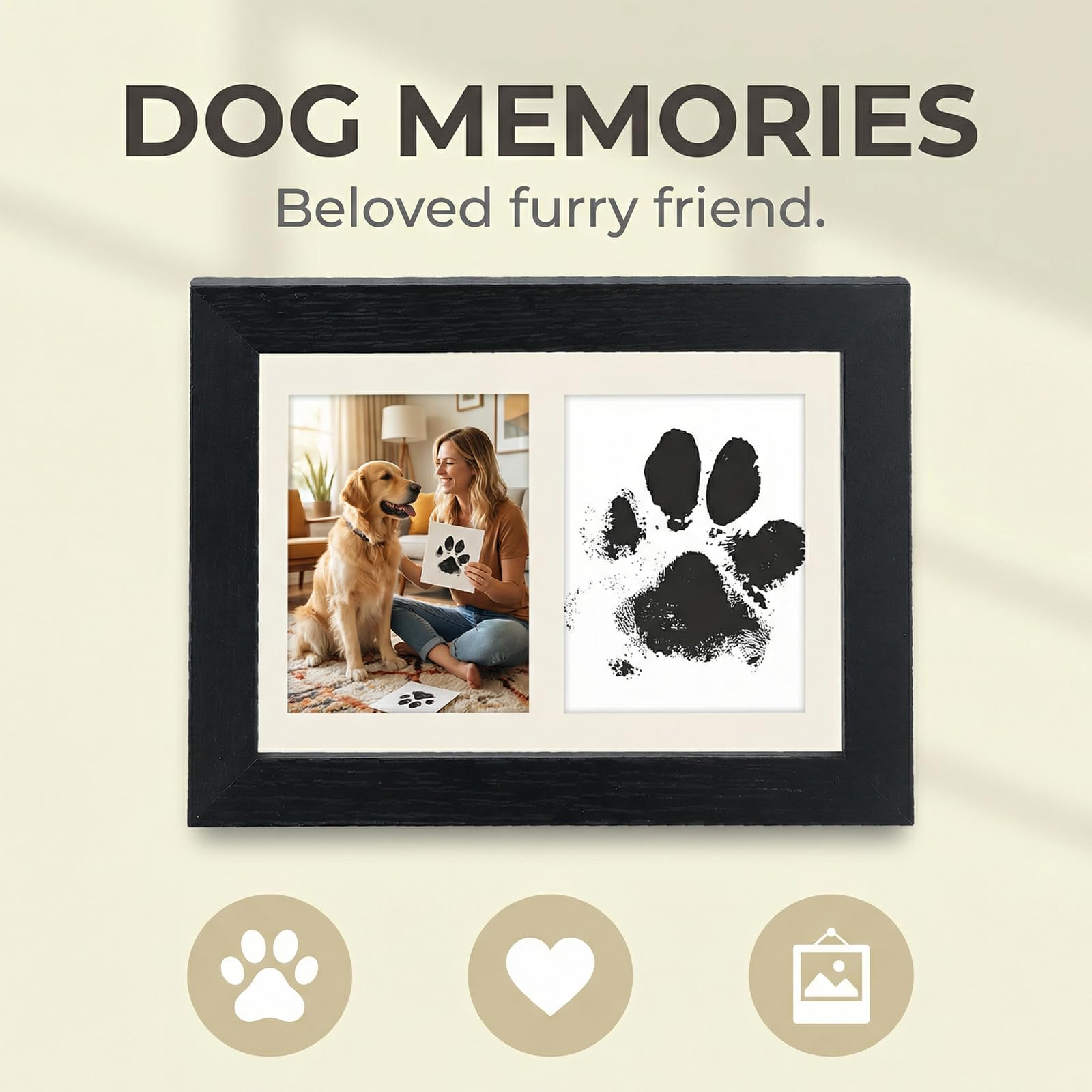 Cadre Photo Bois Empreinte Chien Chat Bébé avec Tampons Encreurs et Cartes d'Impression