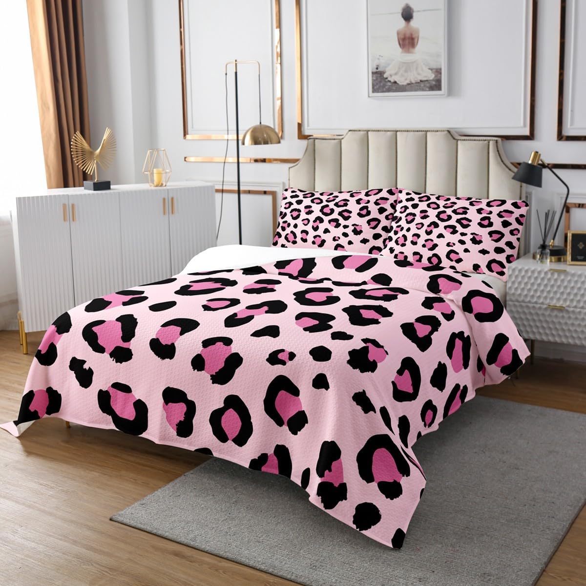 jejeloiu Pink Leopard Print Bedspread Cheetah Bedspread for Kids Boys Girls Animal Print Coverlet Set Safari Quilted Bedroom Collection 2Pcs Twin Size