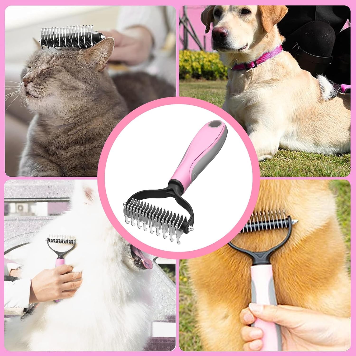 Spazzola per Cani Pelo Lungo, Spazzola Gatto Deshedding Brush Animali Acciaio Inossidabile Doppia Faccia Strumento di Deshedding Animali per Cane/Gatto Pelo Lungo, Medio e Corto (Pink)