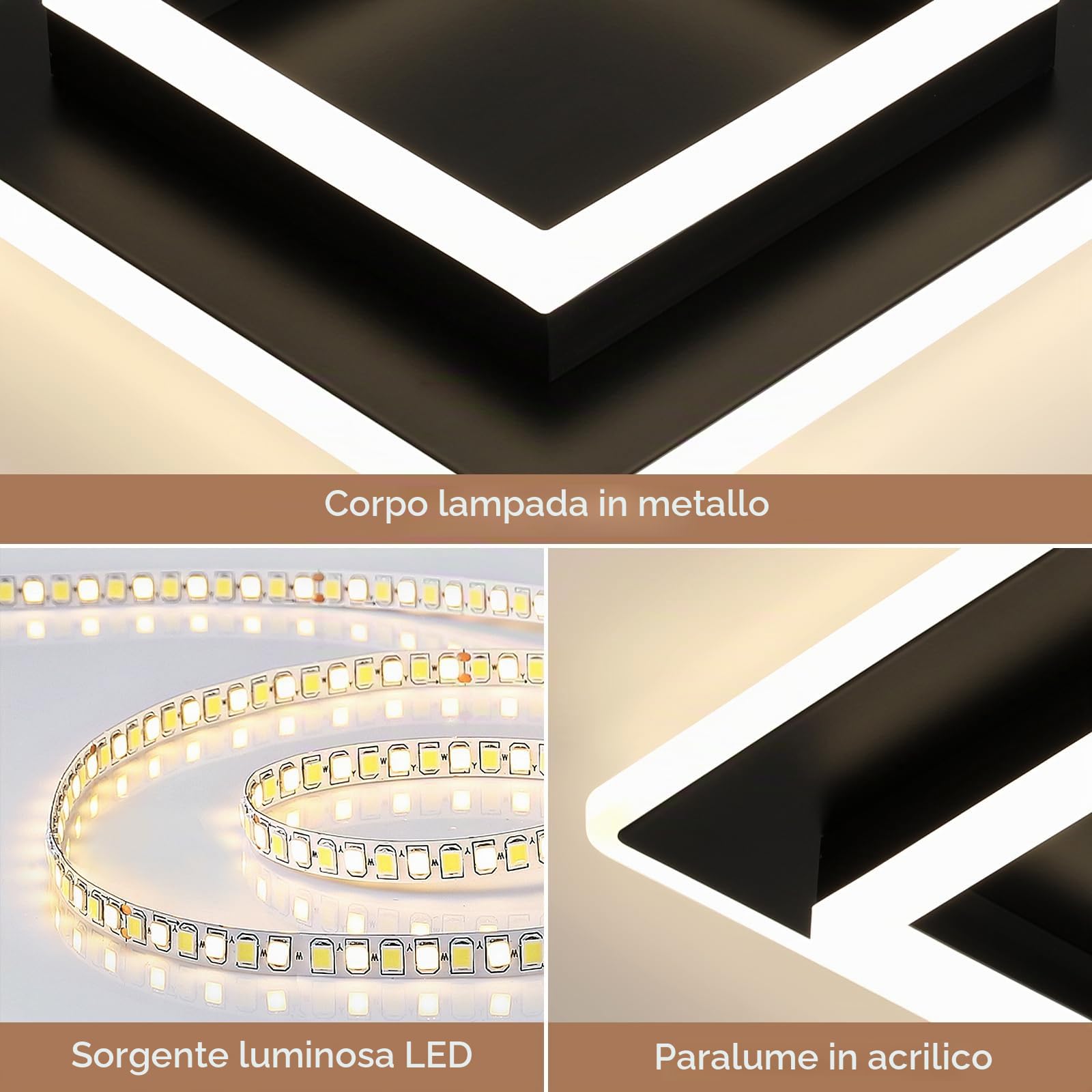 Lampada da Soffitto a LED 30W 3375LM Plafoniera LED Moderna Quadrata | Lampadario LED Soffitto Moderno Nera per Camera da Letto Soggiorno Cucina, Luce Naturale 4500K, 30CM