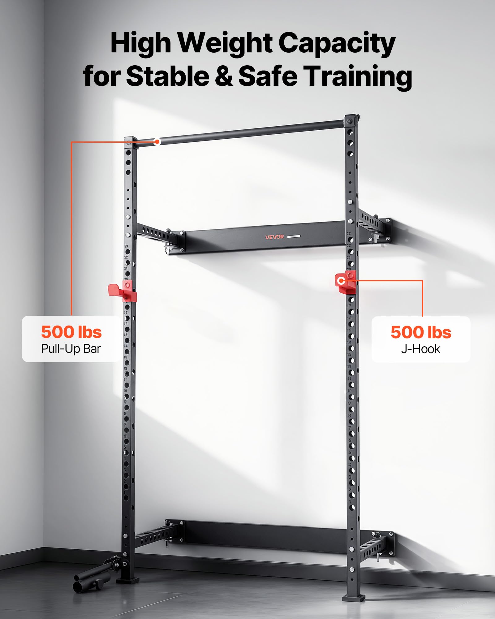 VEVOR Power Cage Klappbar 454 kg Belastbar, Wandmontiertes Power Rack, Multifunktionales Krafttrainingsgerät mit Landminenbefestigung & verstellbaren J-Haken & Klimmzugstange für Heimfitnessstudio