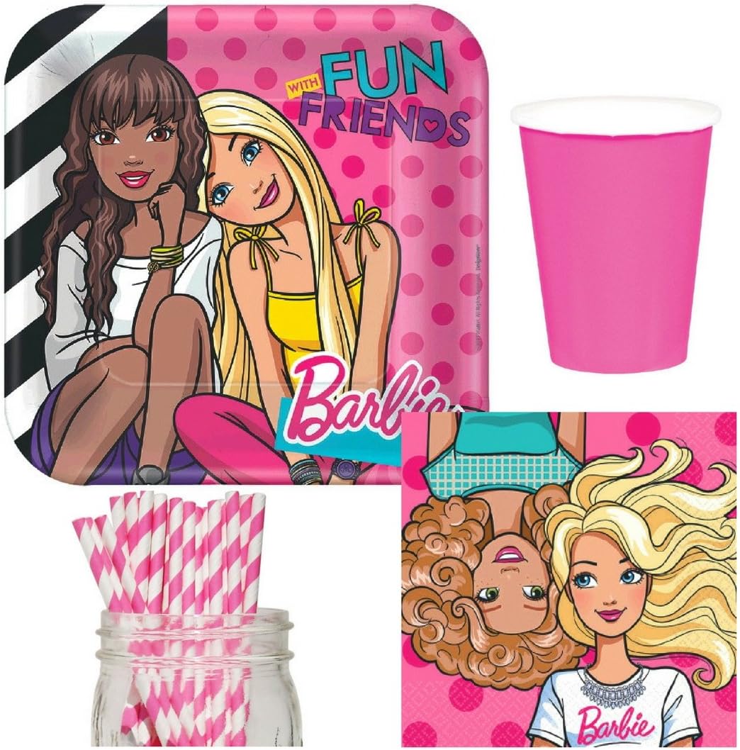 Barbie & Friends Party Supplies Bundle, Plates, Napkins, Cups & Straws for 16 Guests