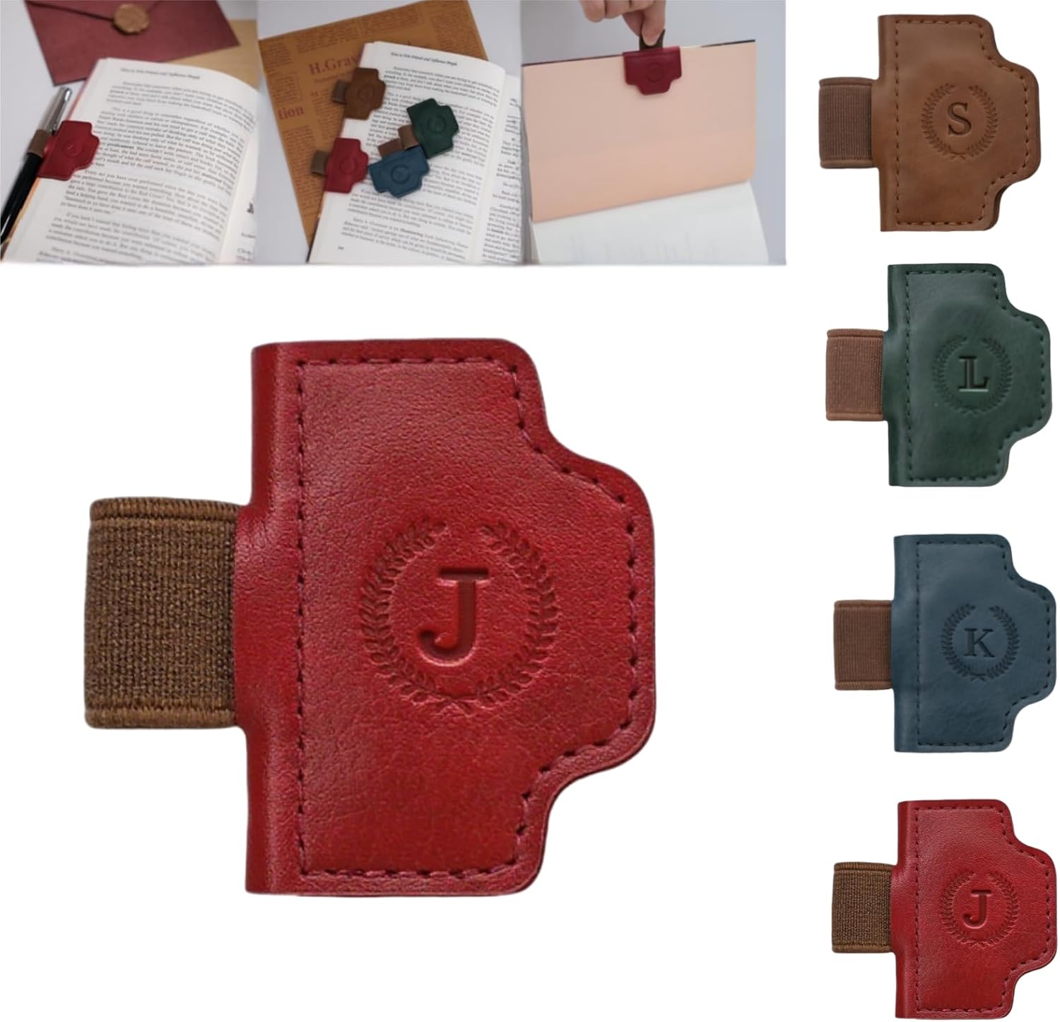 Personalized Magnetic Bygone Mark Bookmark with Pen Holder, 26 Letters Name Initial Custom Leather Book Mark for Women, Gifts for Book Lovers and Readers (Red,J)