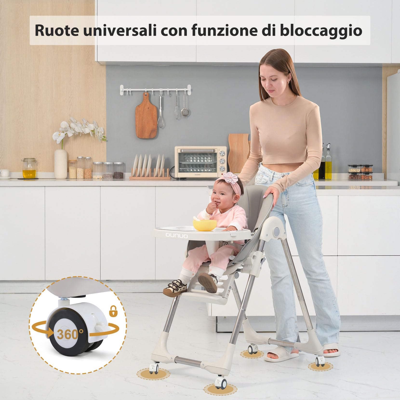 OUNUO Seggiolone Pappa, Seggiolino da Tavolo Pieghevole, Seggioline per bambini da 6 Mesi fino a 6 anni, Piatto da Cena Smontabile, Pedale e Schienale Regolabili in Altezza (Grigio)