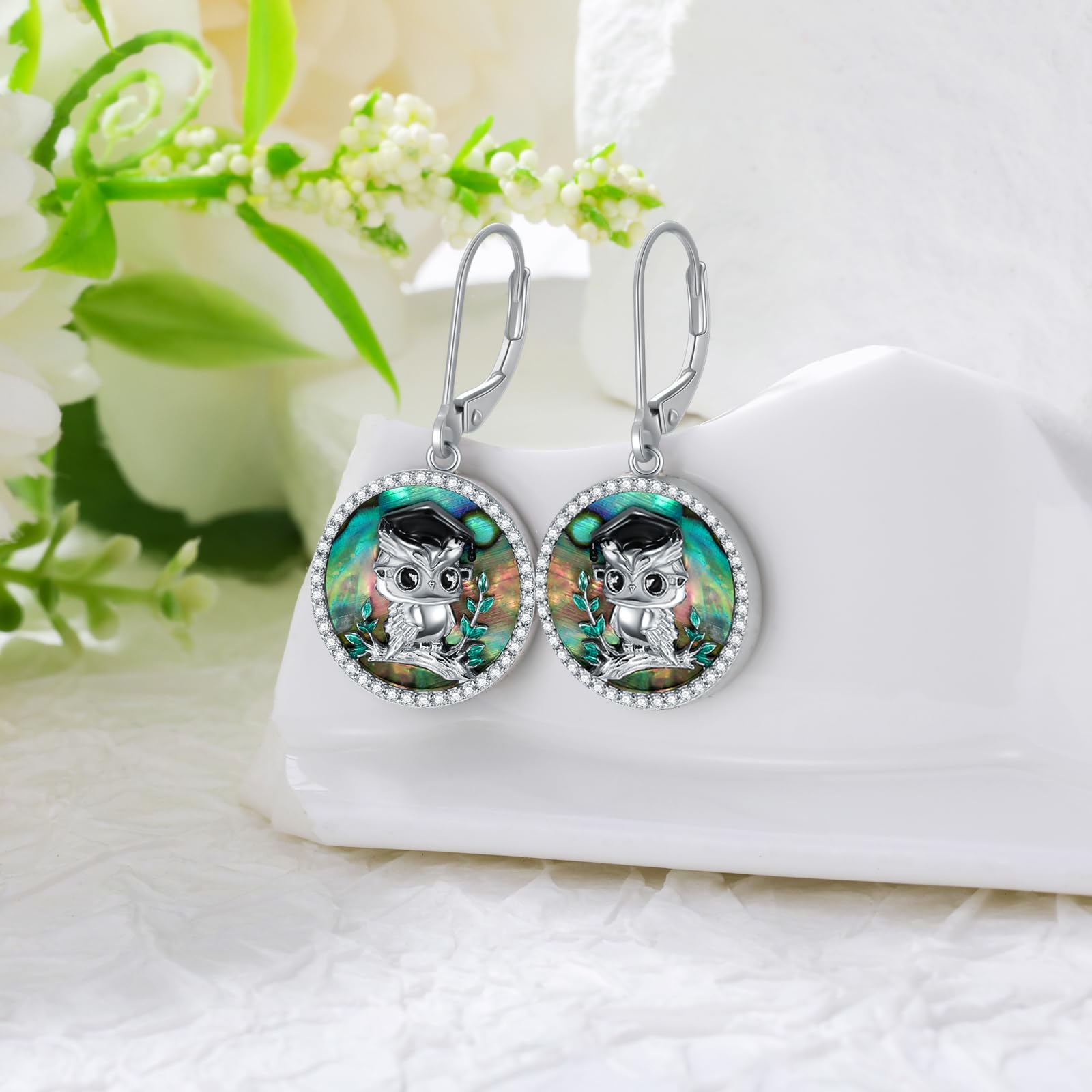 KZX Pendientes de búho para mujer, plata de ley 925, aretes colgantes de búho con concha de abulón, joyería de cumpleaños, día de Acción de Gracias, regalo para niña y esposa, Plata de ley, Sin piedra