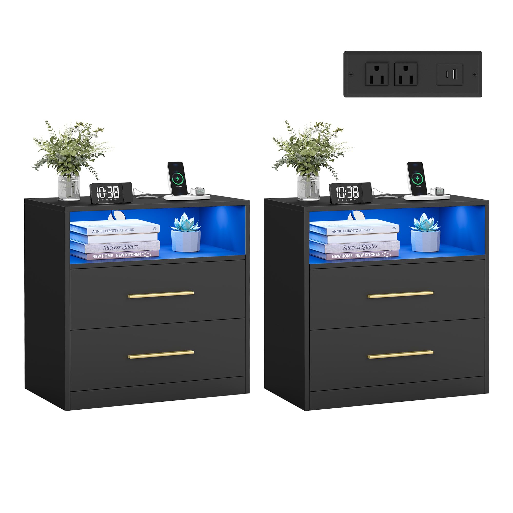 View 1 of ***ONLY ONE***MISISNG PARTS***
VASAGLE Custos Collection - Set of 2, 23.6 Inch Wide Nightstands with Charging Station, LED Lights, Modern Night Stands, Side End Tables with Drawers, Open Shelf, 2 AC Outlets USB Ports, Ink Black
