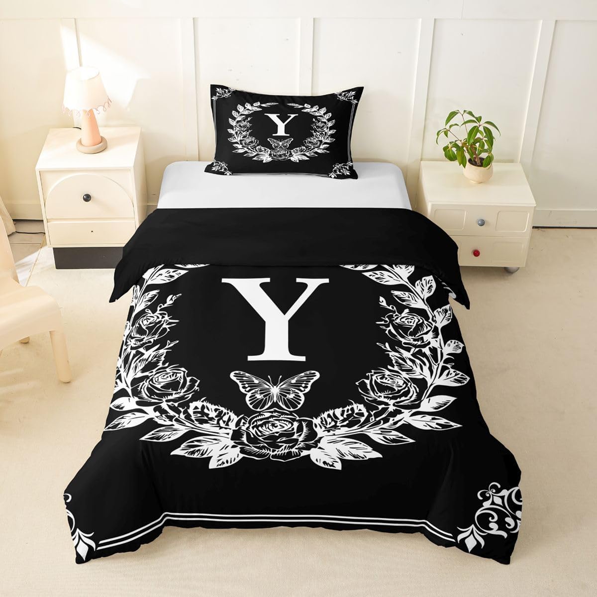 Erosebridal Monogram Letter Y Toddler Comforter Cover Butterfly Black and White Duvet Cover Boho Damask Floral Bedding Set for Kids Girls Adult Women Farmhouse Rustic Bed Sets with 1 Pillow Case