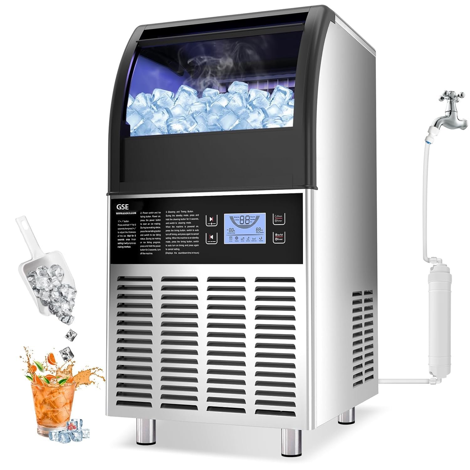 GSE Macchina per Cubetti Di Ghiaccio Commerciale 68kg/24h Fabbricatore Ghiaccio Con Schermo LCD Macchina Ghiaccio in Acciaio Inossidabile,Macchina Ghiaccio per Casa,Ristorante,Bar,Caffetteria (70 PCS)