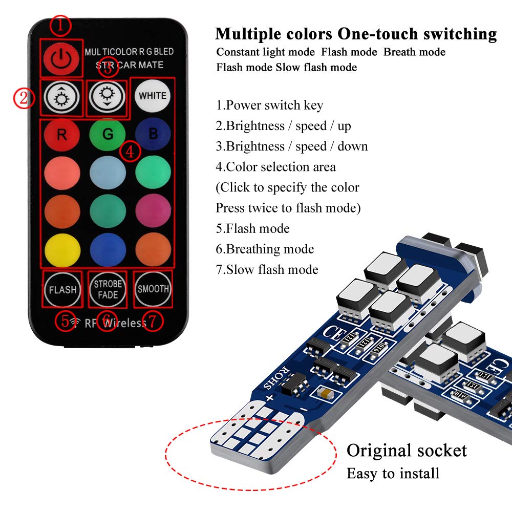 T10 194 W5W 168 3535 10-SMD Żarówki LED RGB, marker boczny, lampy na mapę domową, wnętrze samochodu z pilotem zdalnego sterowania, wskaźnik DC12V, 2 sztuki