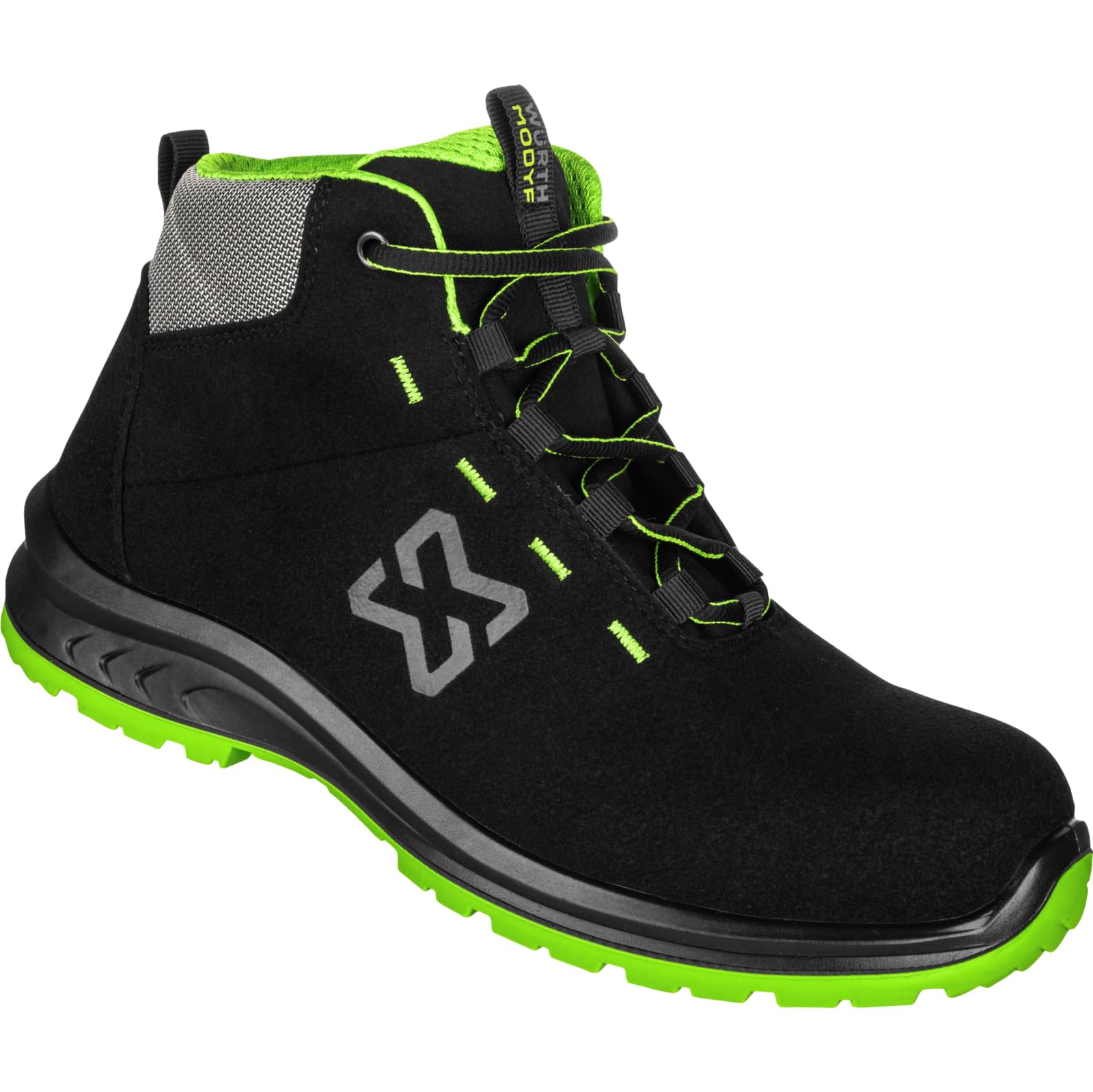 WÜRTH MODYF Cruise S3S Mid Sicherheitsstiefel - metallfreie Arbeitsschuhe mit Fiberglas-Zehenschutz, unisex - wasserabweisende Sicherheitsschuhe in den Größen 35-48 in Schwarz/Grün