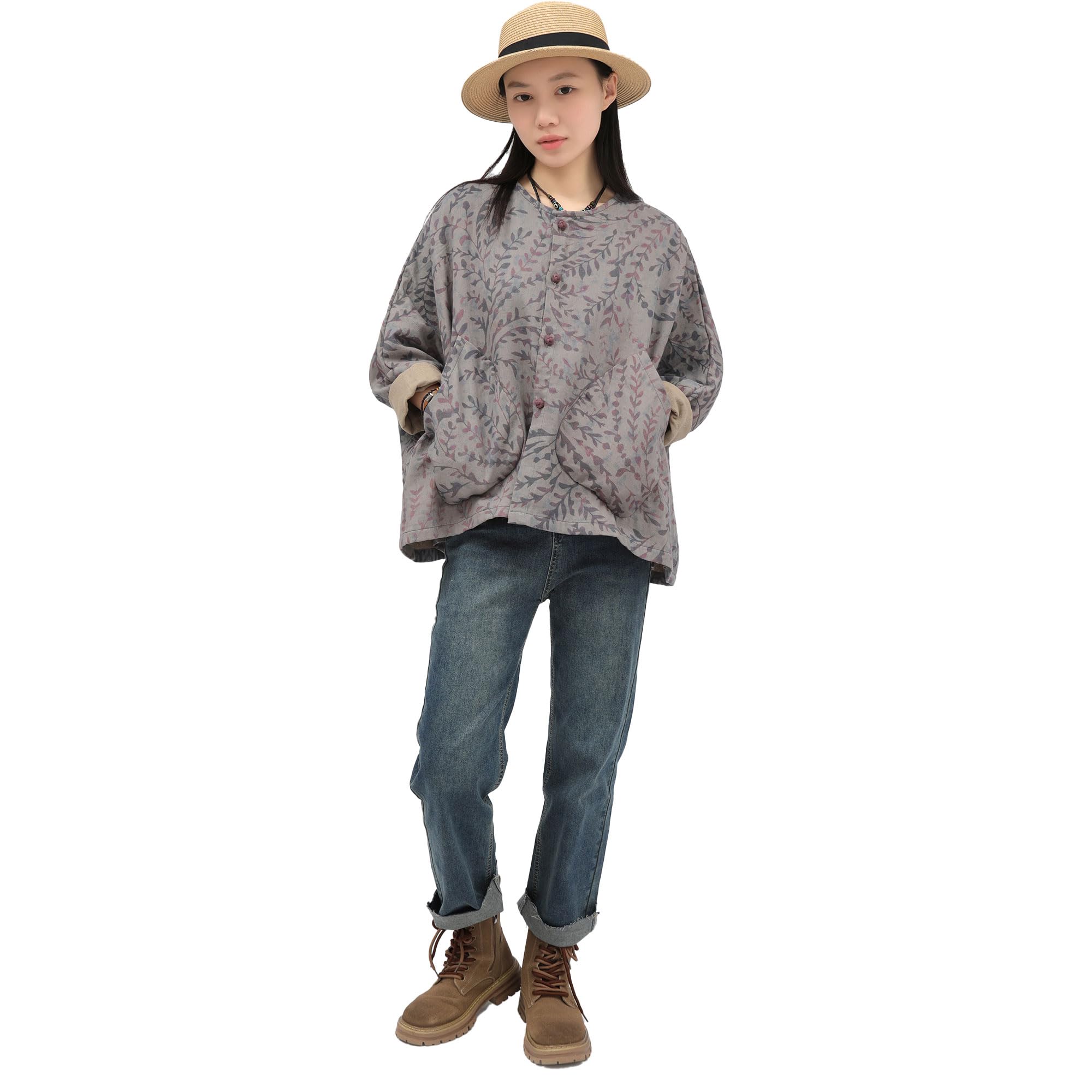 FioraMosaic Women's Casual Jacket-Shirt Autumn Botanical Print Linen Long Sleeve Top Breathable Wind Resistant Outerwear Coat