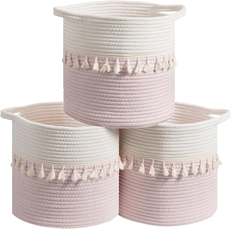 3-Pack Round Baskets for Organizing, 11 Inch Boho Woven Baskets for Storage with Handle and Tassel for Decor, Practical Storage Basket for Shelves, Easy to Grip, Pink