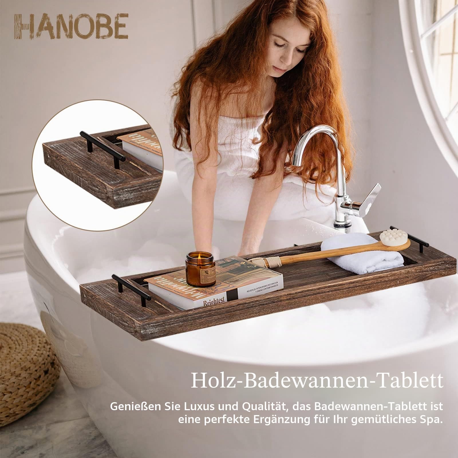 Hanobe Badewannenablage Serviertablett Holz Groß: Rustikal Badewannenbrett Rechteckig Extra Großes Holztablett Deko Badesofa Zubehör Tablett mit Henkel Badewannenregal für Badewanne 80cm