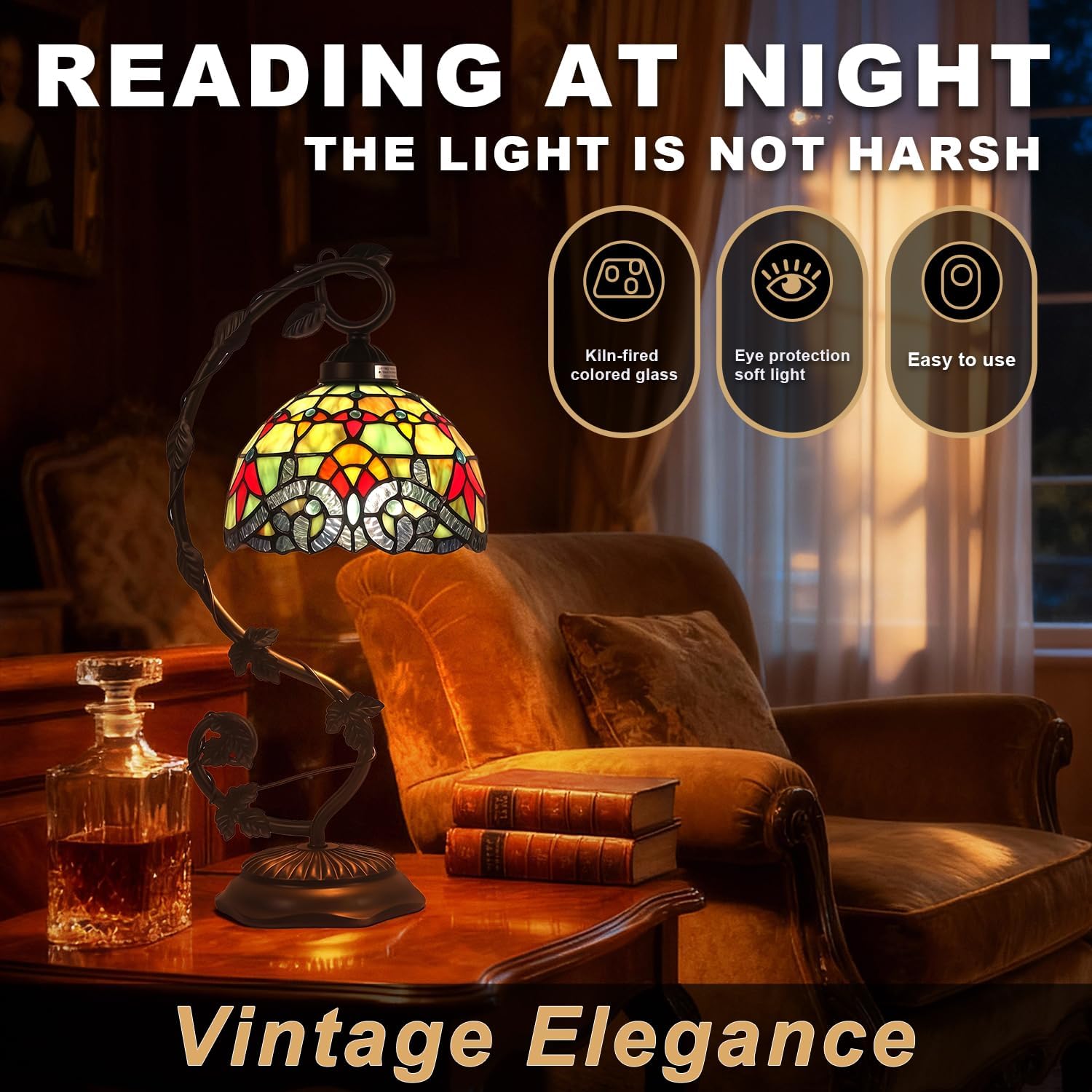 Tiffany Table Lamp,Baroque Style Stained Glass Shade with Metal Vine Base, 8x10x20 Inch