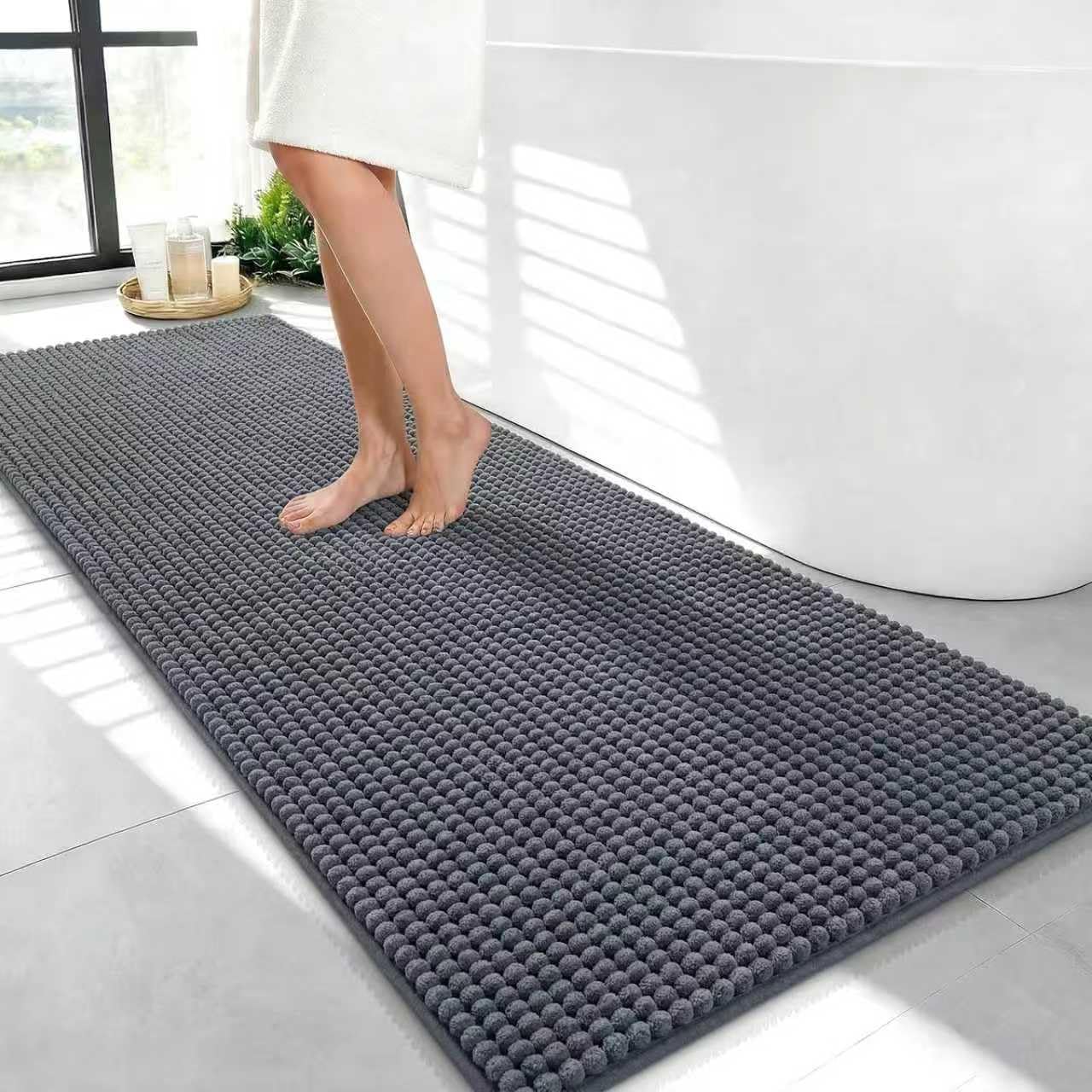 Linruione Grey Bath Mat Non Slip, 50x120cm Extra Long Bath Mats for Bathroom Floor, Chenille Quick Dry Bathroom Rug Runner, Super Absorbent, Thick & Washable