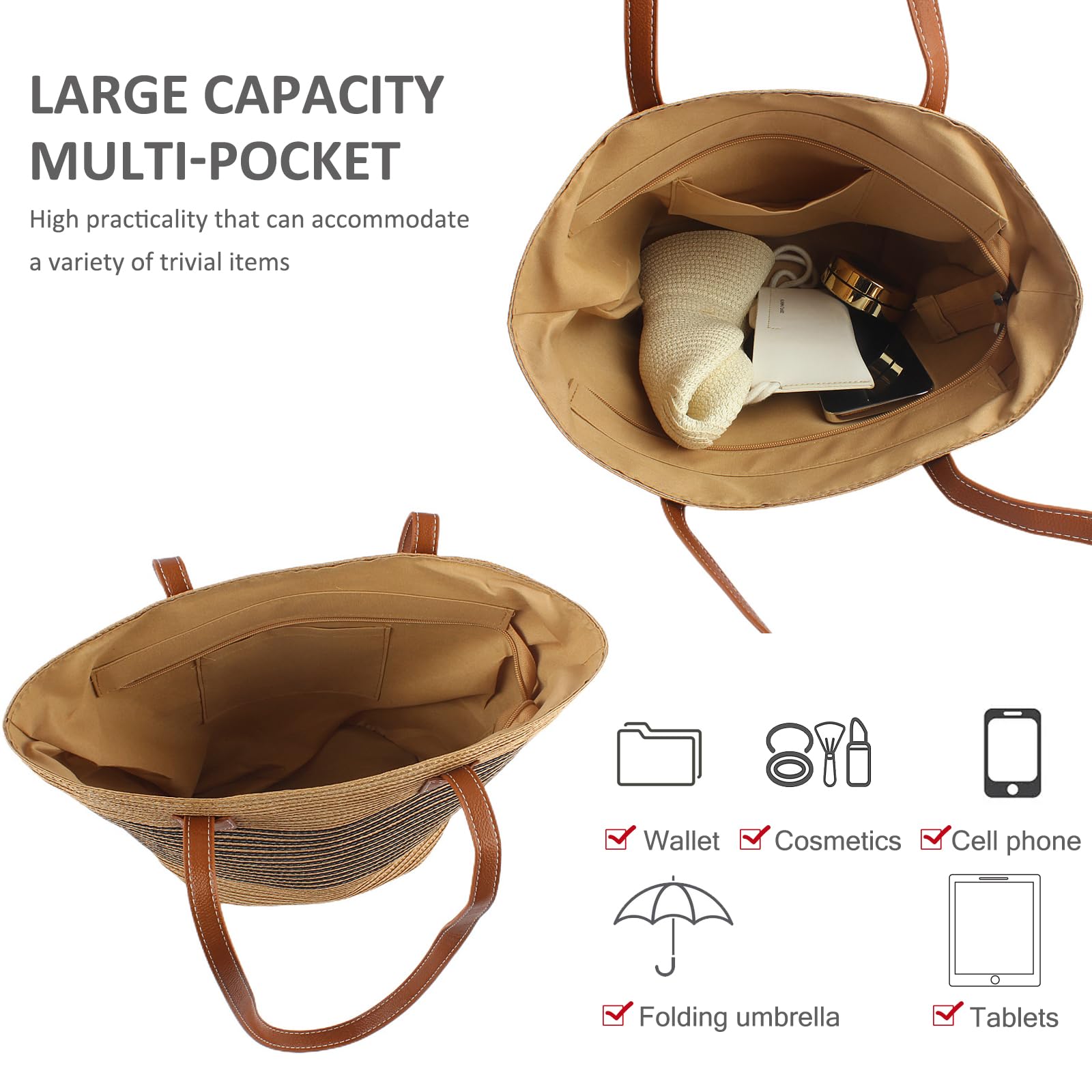 NICOLE & DORIS Sac à Main en Paille Sac de Plage Paille Sac Cabas Femme Sac Fourre Tout Été Sac a Main Panier Sac D'épaule en Tricot pour Voyage Vacances