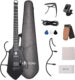 VEDO Guitarra Elétrica Silenciosa Portátil Sem Cabeça Hush X - Kit Completo para Viagem com Estojo, Suporte e Bateria Recarregável 50h, Design Ergonômico Leve (2kg) e Afinação Estável (Preto)