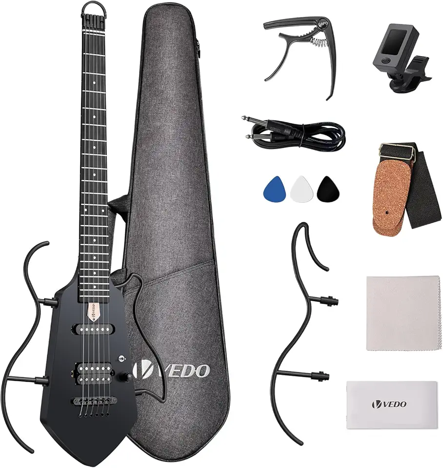 VEDO Guitarra Elétrica Silenciosa Portátil Sem Cabeça Hush X - Kit Completo para Viagem com Estojo, Suporte e Bateria Recarregável 50h, Design Ergonômico Leve (2kg) e Afinação Estável (Preto)