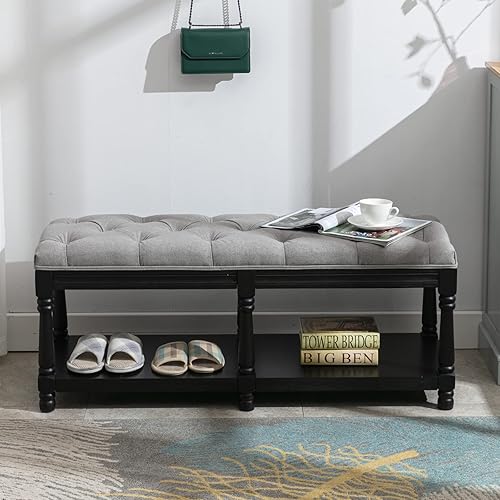 Farmhouse Storage Bench Wooden Entryway Linen Upholstered Ottoman Button Tufted Bench with Black Legs for Bedroom End of Bed Hallway Organizer, 45