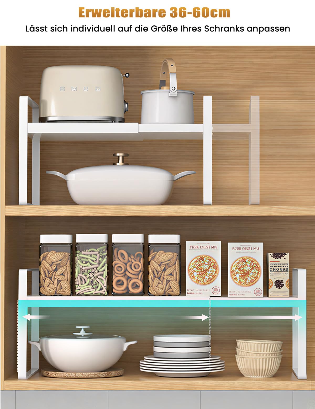 Erweiterbares Schrankregal,36-60cm Küchenregal Arbeitsplatte Organizer, Gewürzregal Küchen Organizer Schrank,Verstellbarer Küchengewürzregal für Küche (Weiß,Breite 21cm)