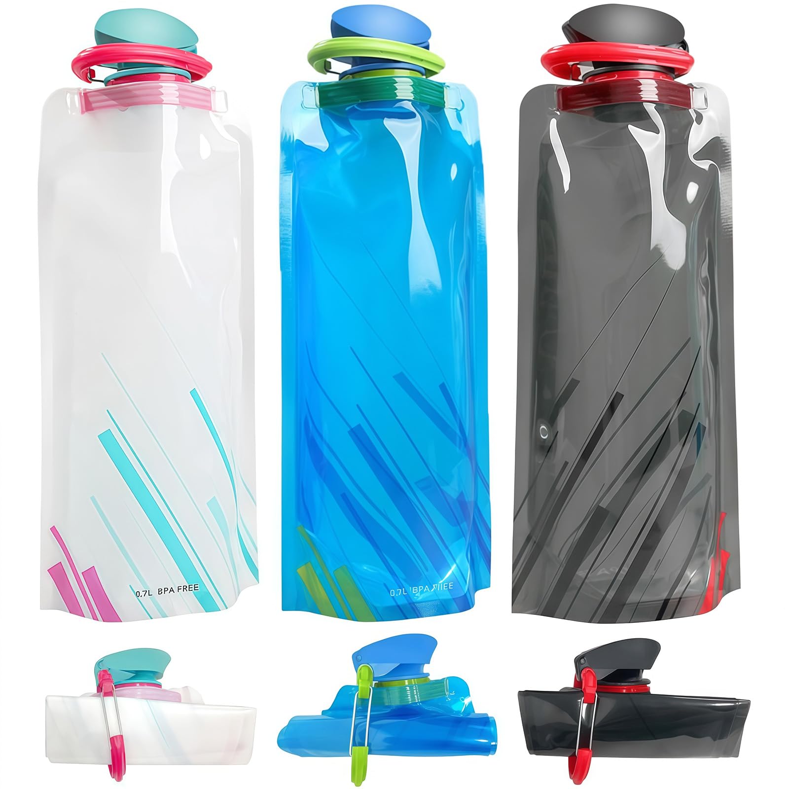 Eduplayte Multicoloured 3Pcs Collapsible Water Bottle, Large Soft Foldable Water Bottle - Bpa Free 700 Ml, Reusable Portable Drinks Bottle With Secure Lock For Gym Camping Cycling Outdoor Sports & Hiking