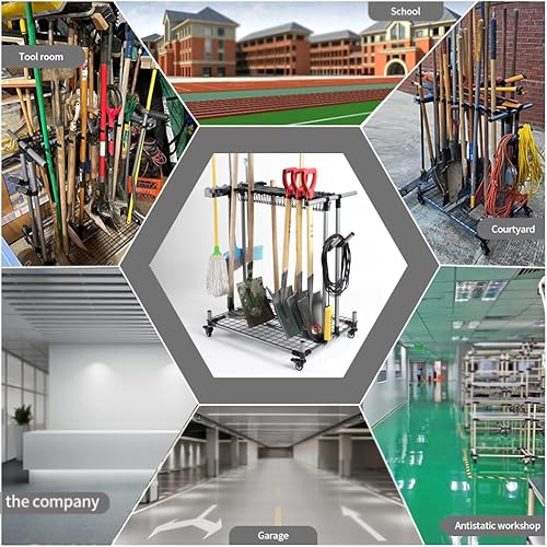 Miniatura 6 de Organizador de herramientas de jardín móvil, soporte de almacenamiento de garaje de metal, herramientas grandes y largas para césped, estante de