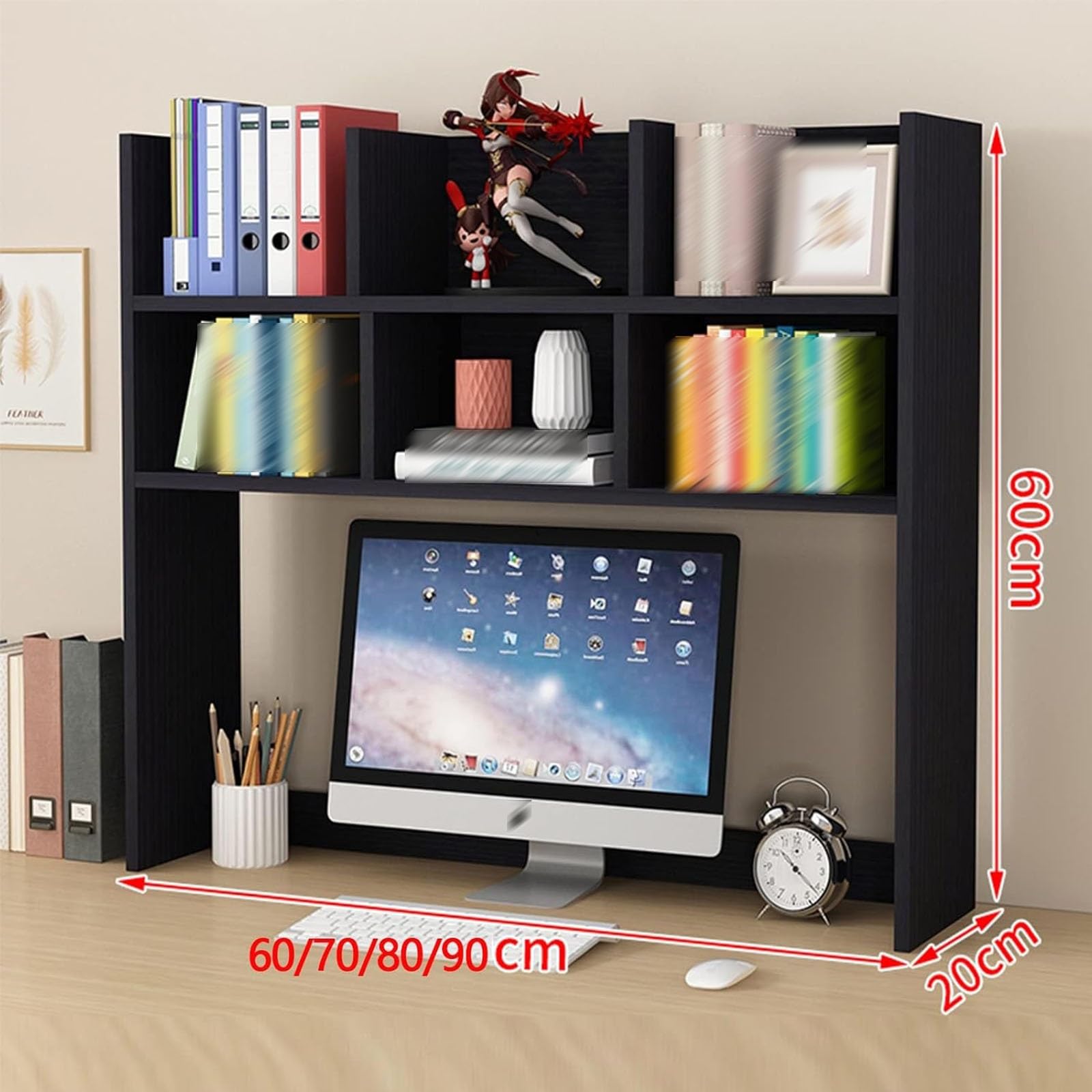 Biurkowa Regał na Biurko, nadstawka na biurko z 4 półkami, dwupoziomowy stojak ekspozycyjny, wielofunkcyjny drewniany organizer na biurko do domowego biura(Black,80cm)