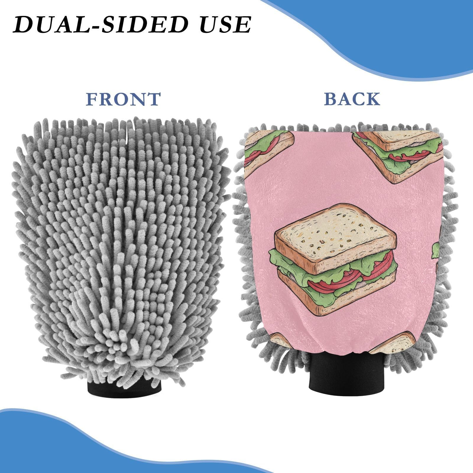 STAYTOP Vegetable Sandwiches Car Wash Mitt Microfiber, 2Pcs Scratch Free Lint-Free, Premium Chenille Microfiber Mitt Car Wash Brush-L