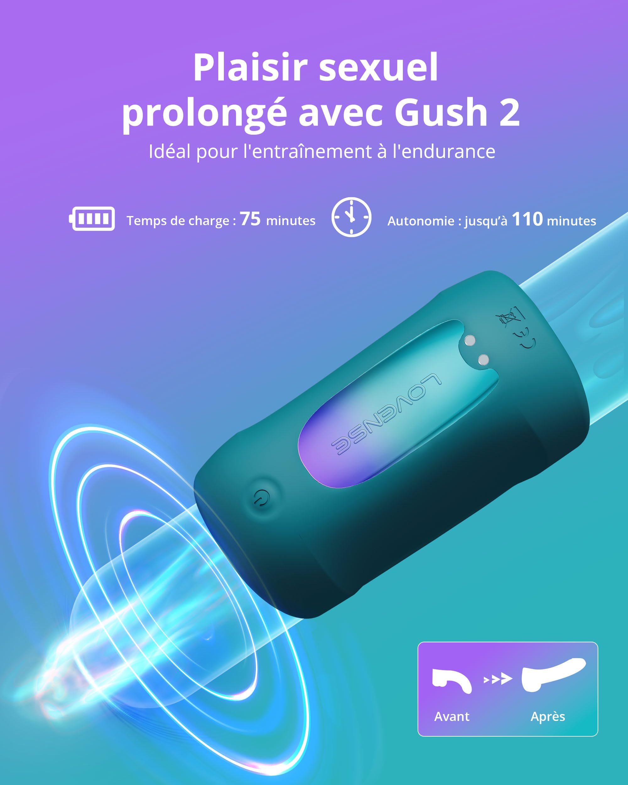 LOVENSE Gush 2 Masturbateur Homme Mains Libres, Contrôle à Distance via App | Masturbateur Automatique Vibrant et Oscillant, IPX7 Étanche, Sangles Réglables et Rechargeable par USB