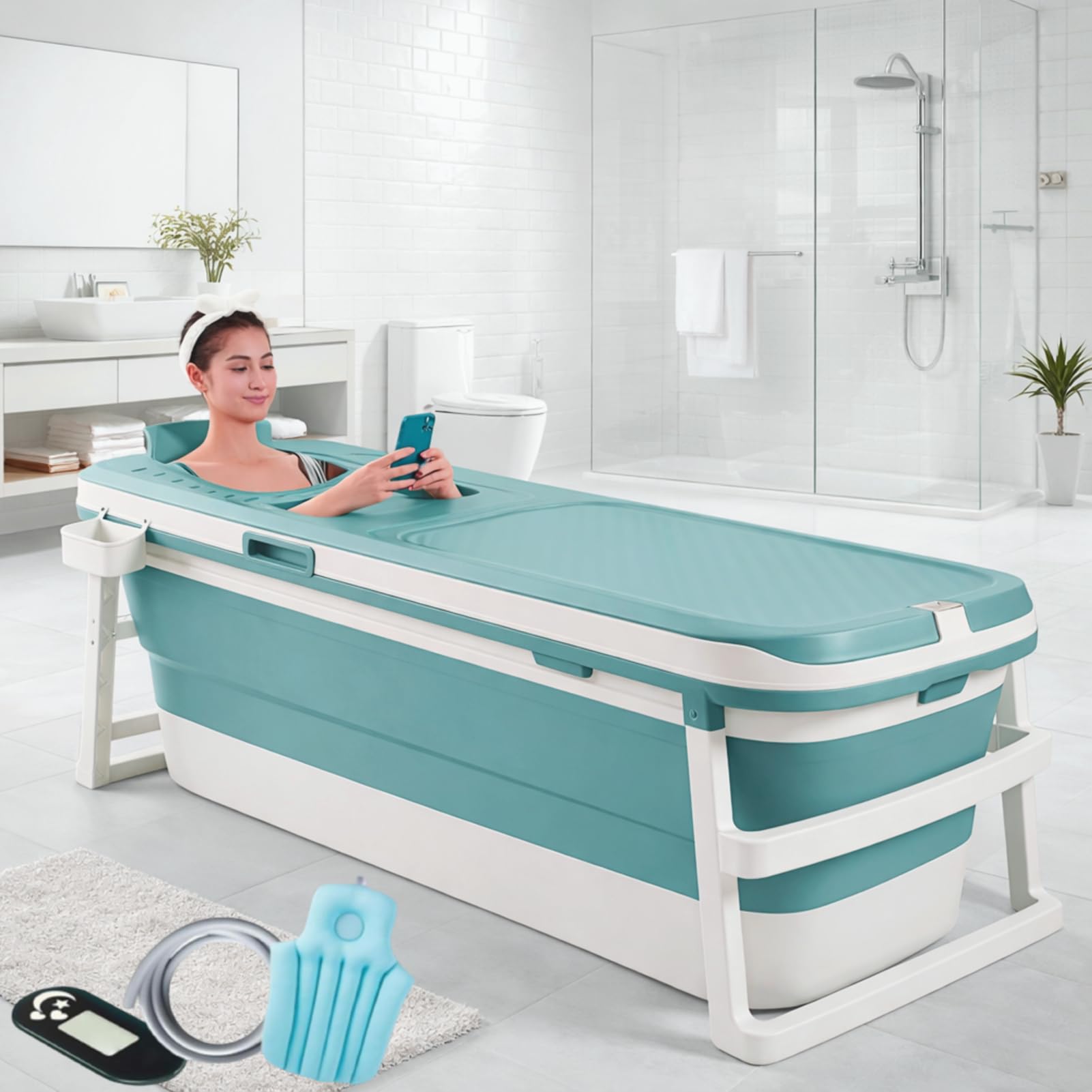 Large Bathtubs for Adults 6 Feet Foldable for bathroom with Temperature Meter and bath pillow Hot,cold Bath Tub Adult Portable and cold water mother and baby (Blue, 148 CM)-image-16